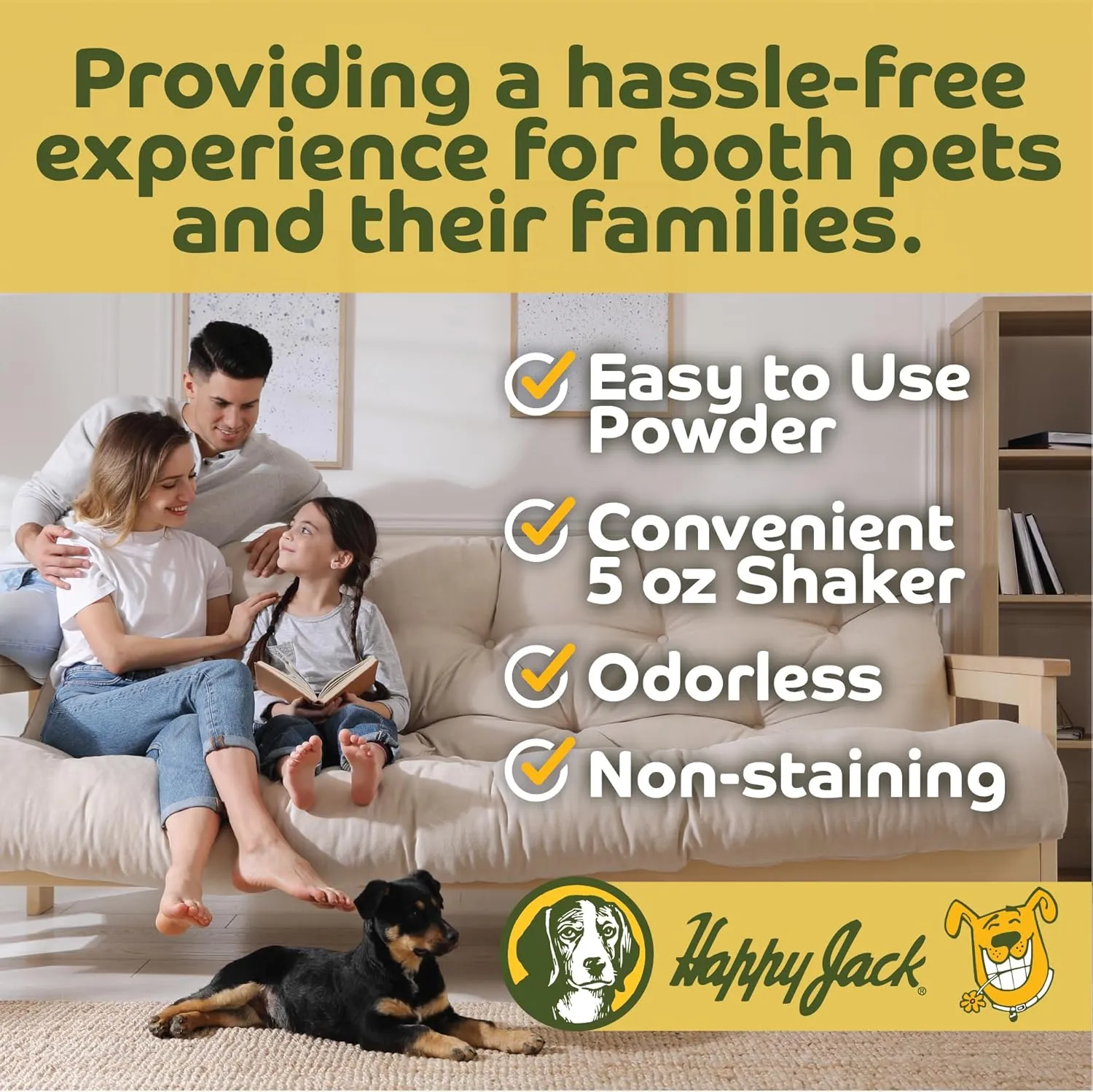 Happy Jack Flea and Tick Powder for Dogs & Puppies, Flea Powder for Carpets, Treatment & Control, Kills Pests, Ticks & Lice, Odorless & Non-Staining, Dust on Sleeping Quarters & Furniture (5 oz)