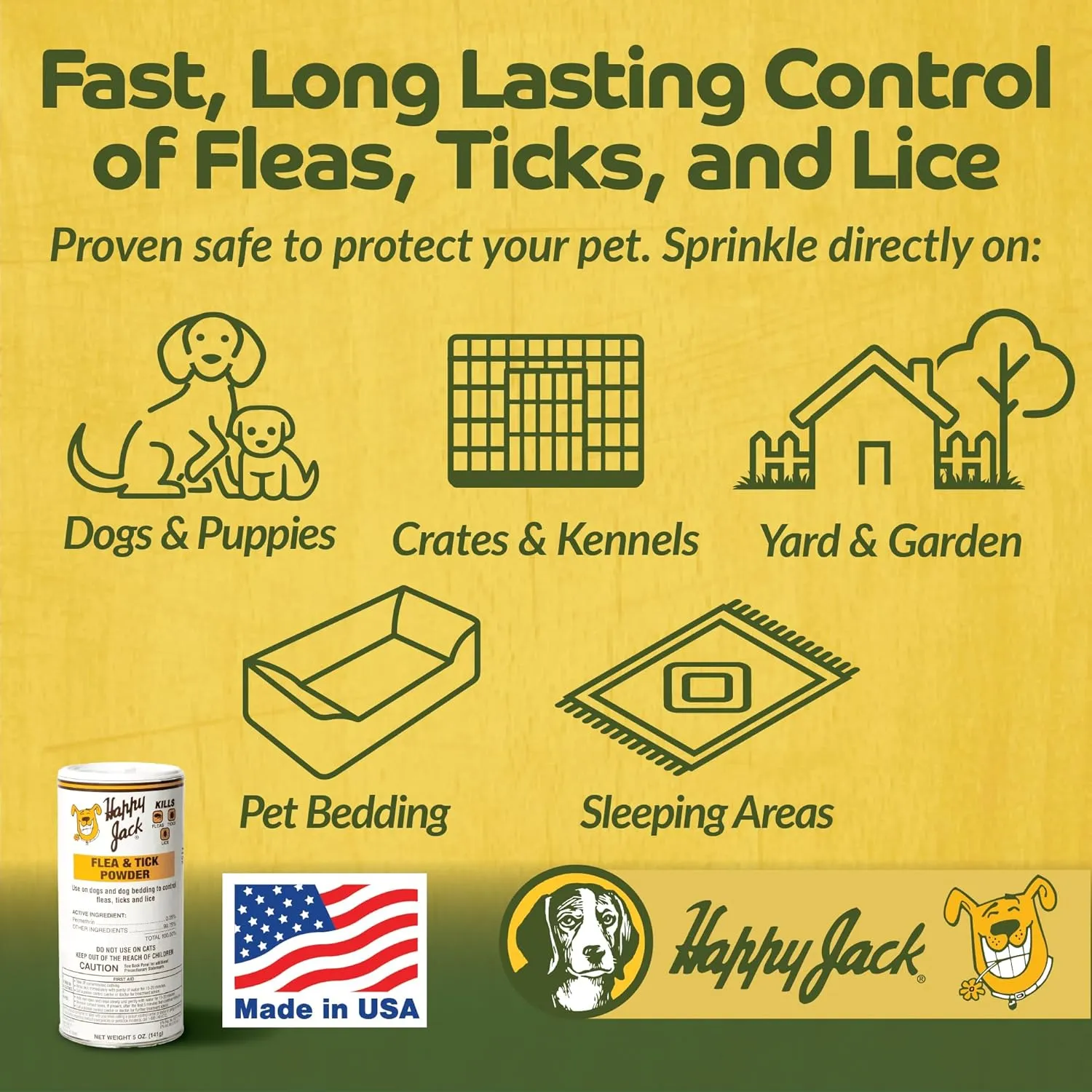 Happy Jack Flea and Tick Powder for Dogs & Puppies, Flea Powder for Carpets, Treatment & Control, Kills Pests, Ticks & Lice, Odorless & Non-Staining, Dust on Sleeping Quarters & Furniture (5 oz)
