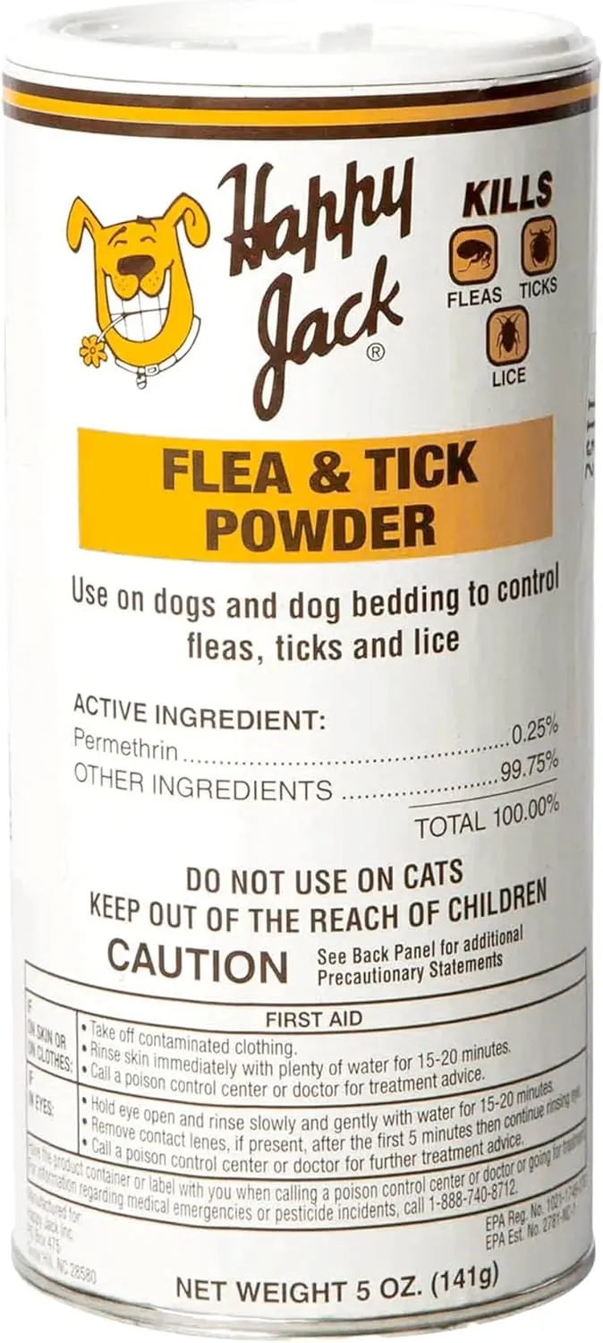 Happy Jack Flea and Tick Powder for Dogs & Puppies, Flea Powder for Carpets, Treatment & Control, Kills Pests, Ticks & Lice, Odorless & Non-Staining, Dust on Sleeping Quarters & Furniture (5 oz)