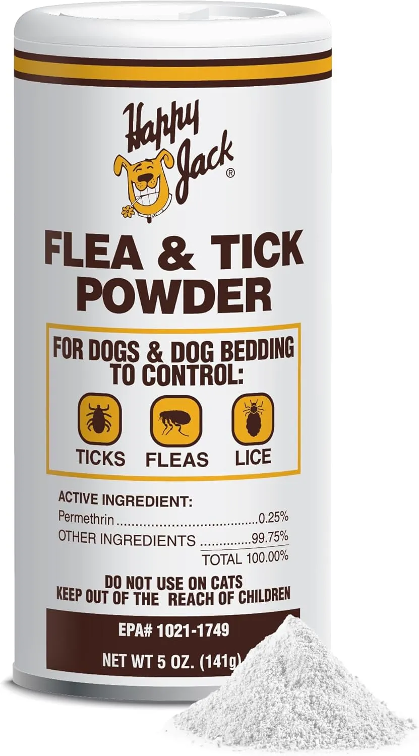 Happy Jack Flea and Tick Powder for Dogs & Puppies, Flea Powder for Carpets, Treatment & Control, Kills Pests, Ticks & Lice, Odorless & Non-Staining, Dust on Sleeping Quarters & Furniture (5 oz)