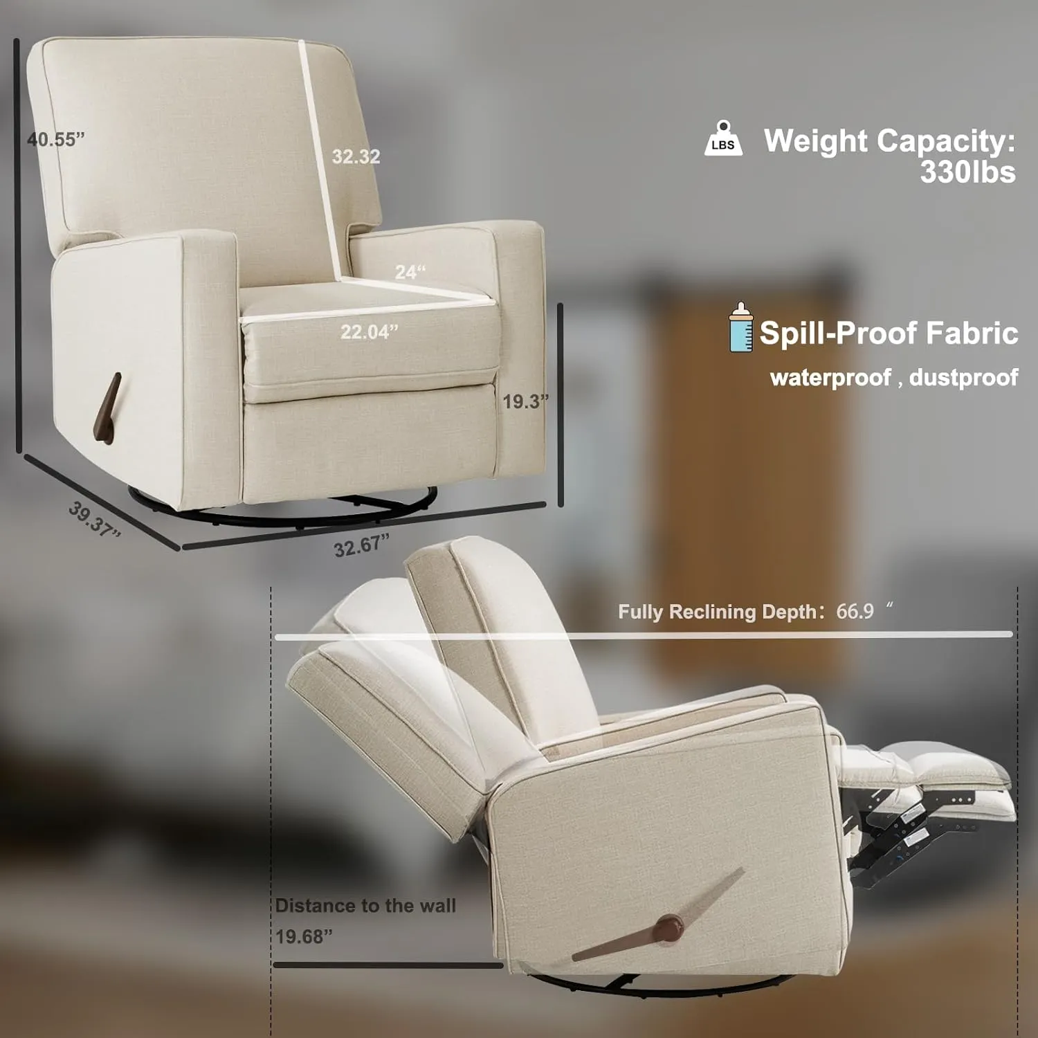 Harkawon Swivel Rocker Recliner Chair, Glider Rocker Recliner, Rocking Chair Nursery, Fabric Chair with High Back, Deep Seat, for Living Room, Bedroom, Beige Brown