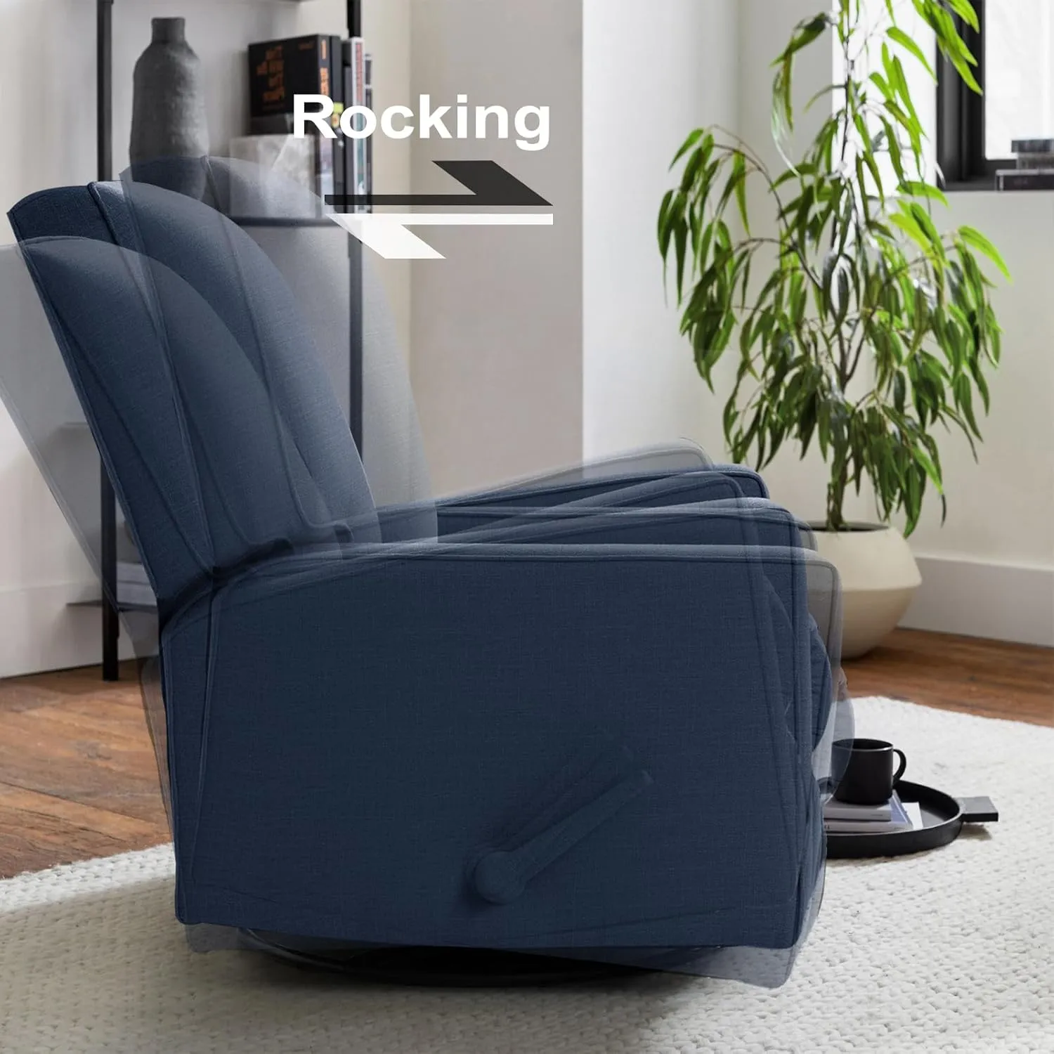 Harkawon Swivel Rocker Recliner Chair, Glider Rocker Recliner, Rocking Chairs Nursery, Fabric Chair with High Back, Deep Seat, for Living Room, Bedroom, Blue