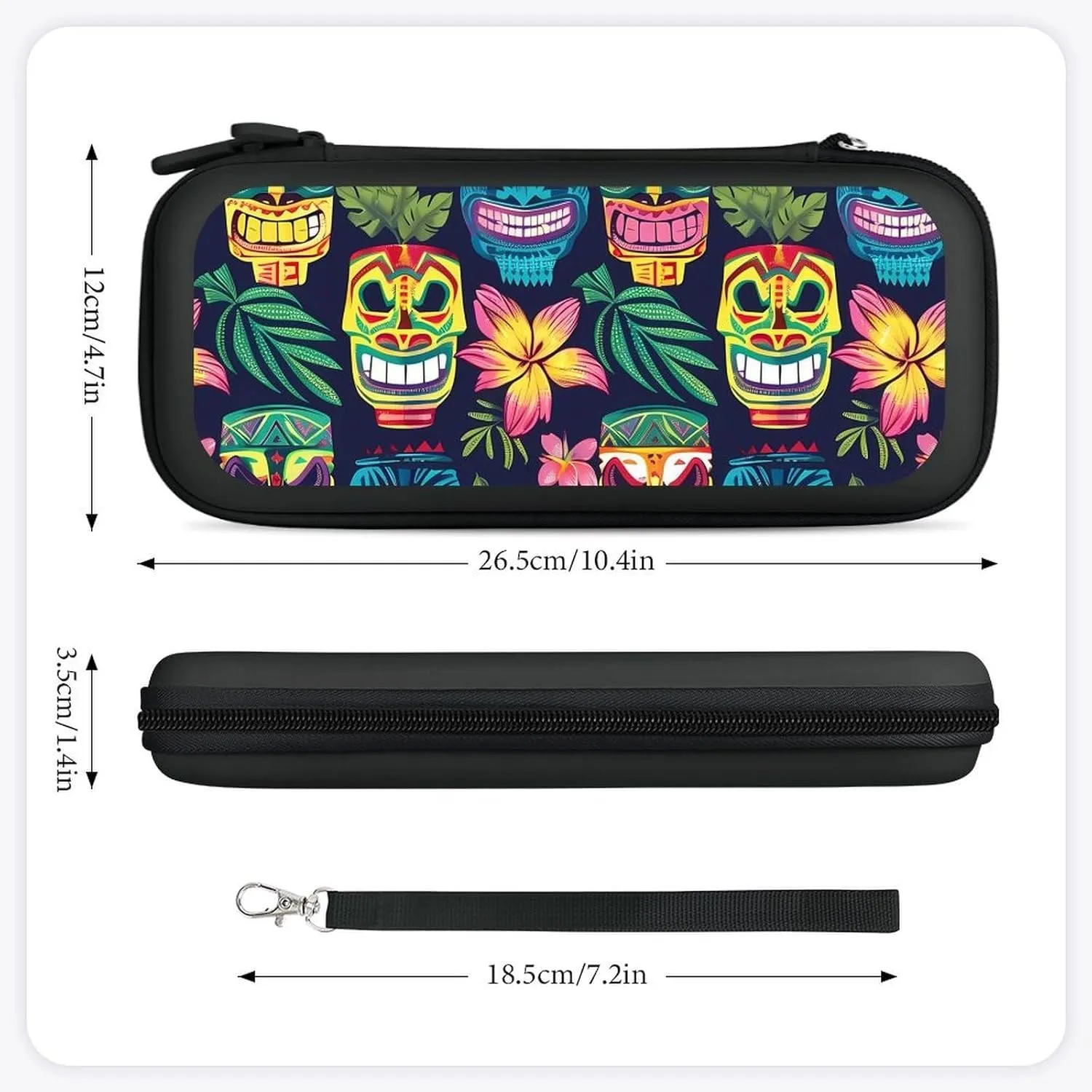 Hawaii Tiki Masks and Florals Hard Shell Travel Case with Rope 15 Game Card Pockets Compatible with Switch Protective