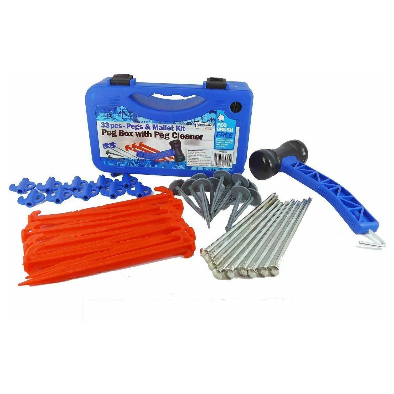 Heavy Duty Camping Awning Tent Travel Pegs Mallet Set Peg Cleaner Storage Case