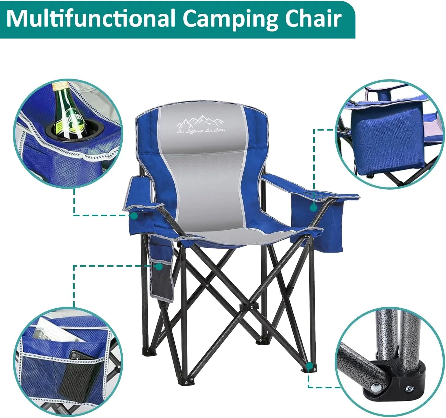 Heavy Duty Folding Camping Chair with Cooler Bag, Cup Holder, Storage Pocket, 450lbs Capacity with Large Anti-Sink Feet, Portable Padded Chair for Camping, Beach, Fishing, Sports, Blue