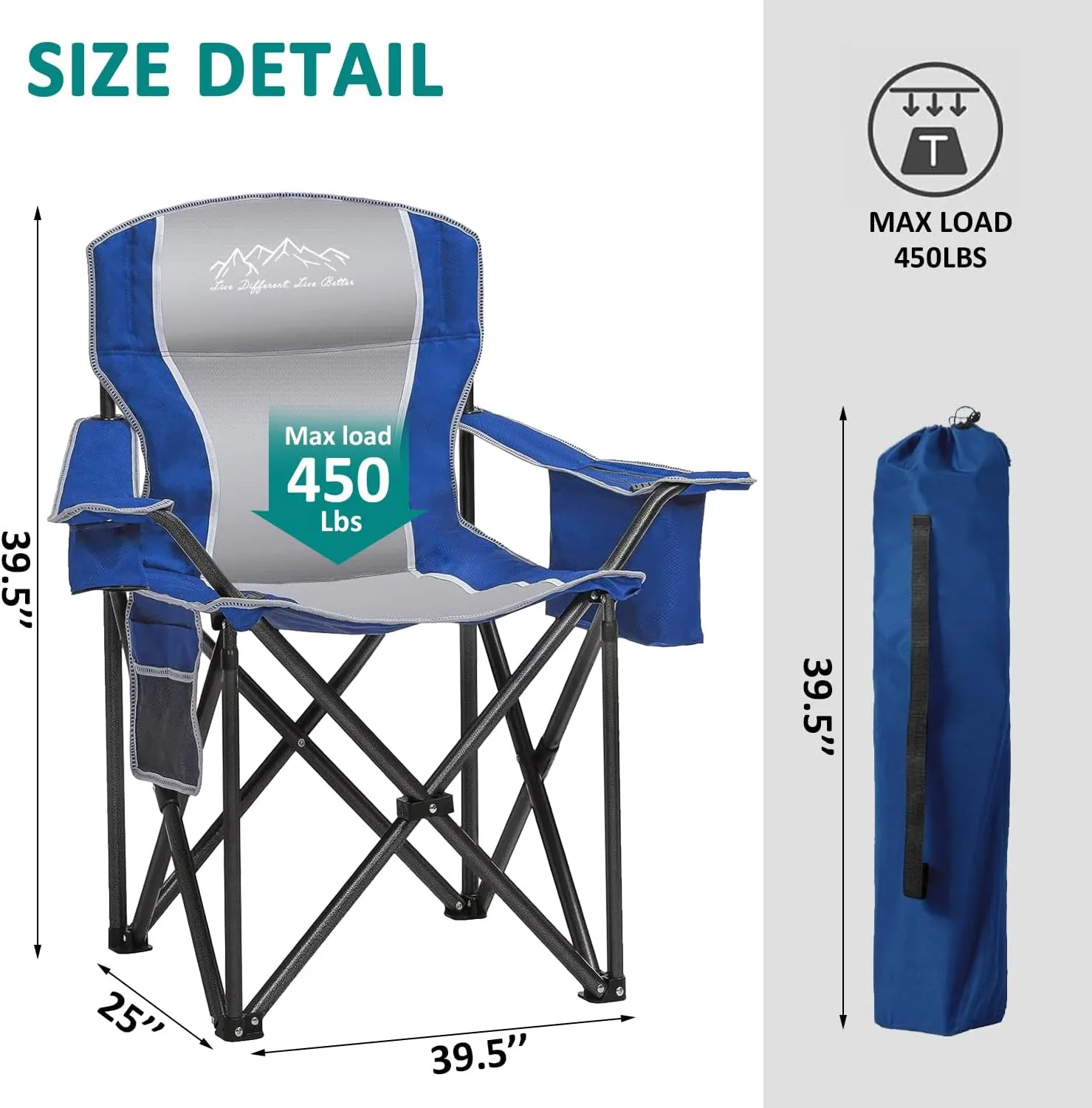 Heavy Duty Folding Camping Chair with Cooler Bag, Cup Holder, Storage Pocket, 450lbs Capacity with Large Anti-Sink Feet, Portable Padded Chair for Camping, Beach, Fishing, Sports, Blue