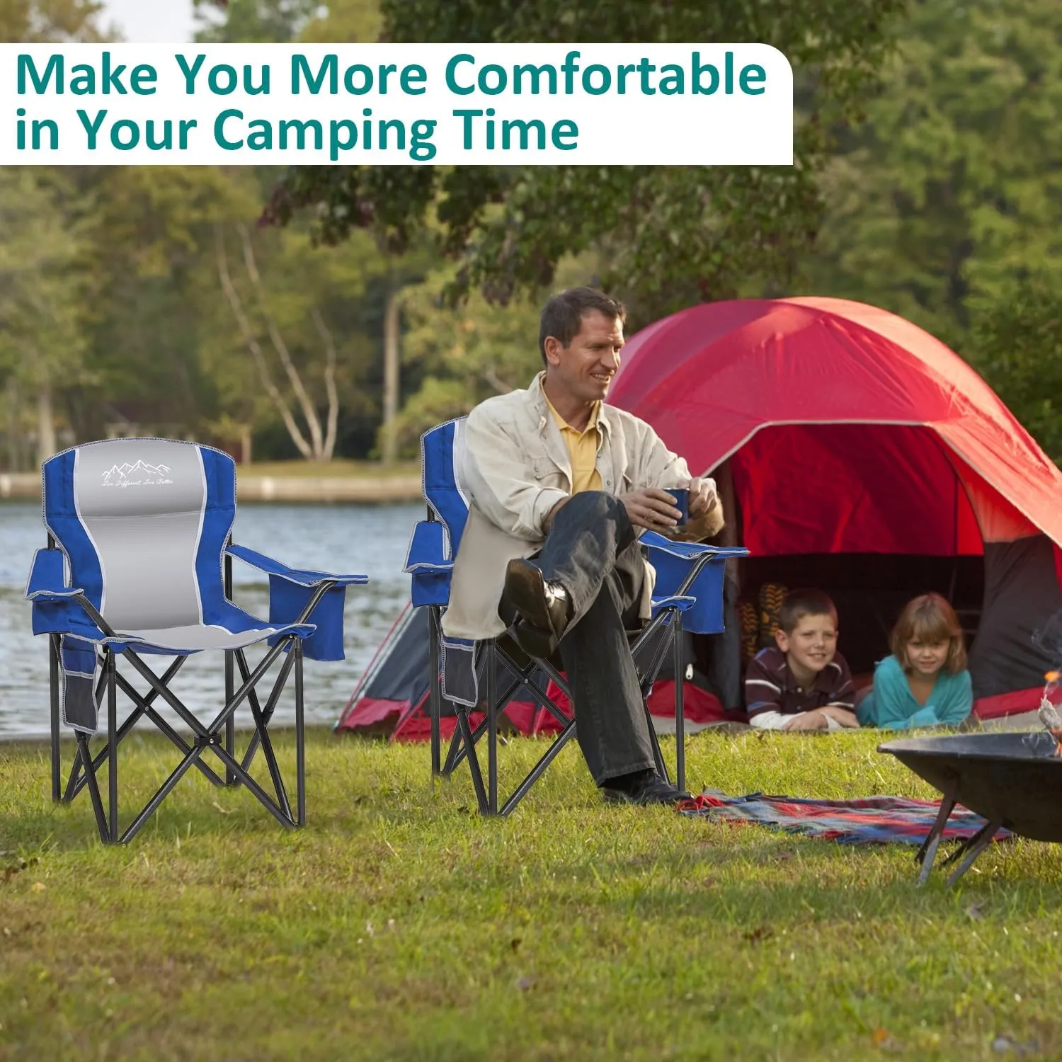 Heavy Duty Folding Camping Chair with Cooler Bag, Cup Holder, Storage Pocket, 450lbs Capacity with Large Anti-Sink Feet, Portable Padded Chair for Camping, Beach, Fishing, Sports, Blue