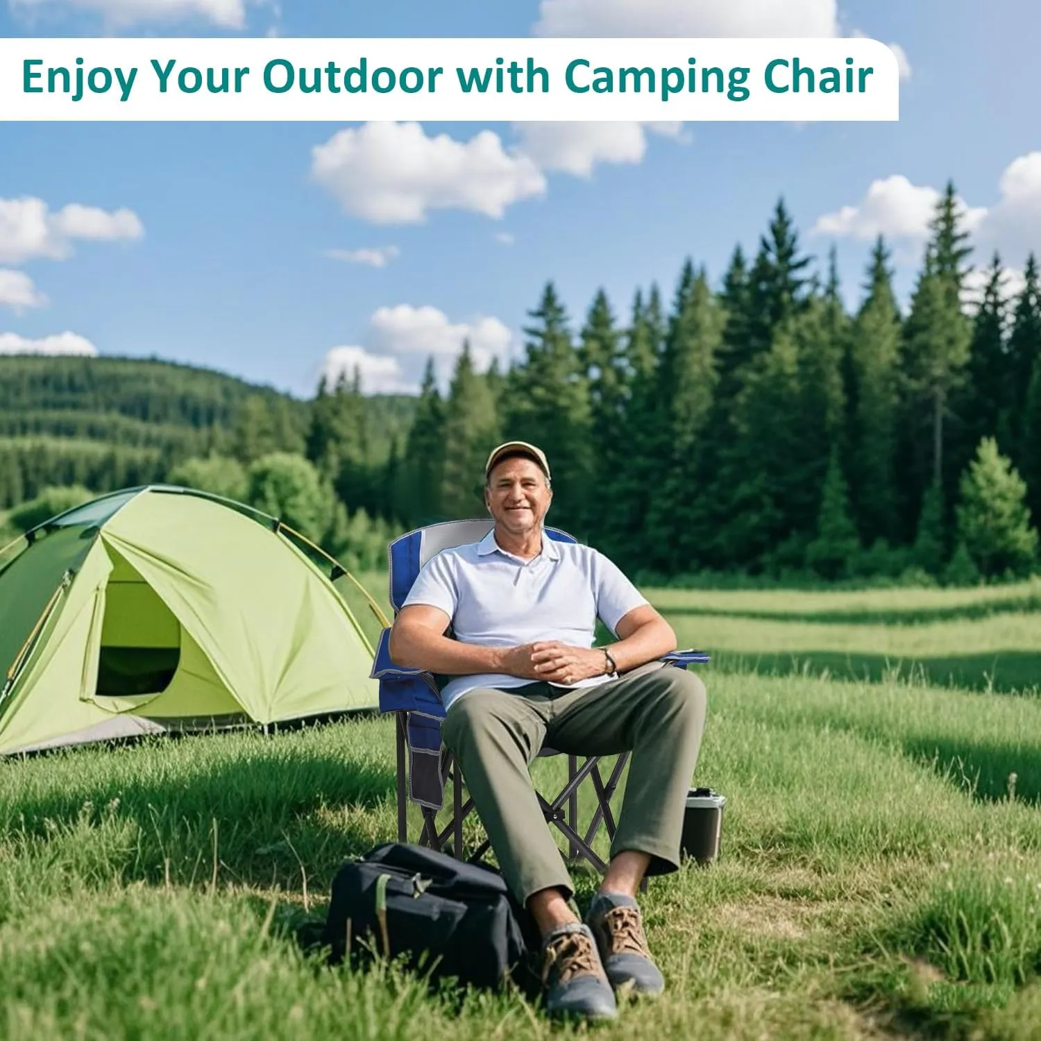 Heavy Duty Folding Camping Chair with Cooler Bag, Cup Holder, Storage Pocket, 450lbs Capacity with Large Anti-Sink Feet, Portable Padded Chair for Camping, Beach, Fishing, Sports, Blue