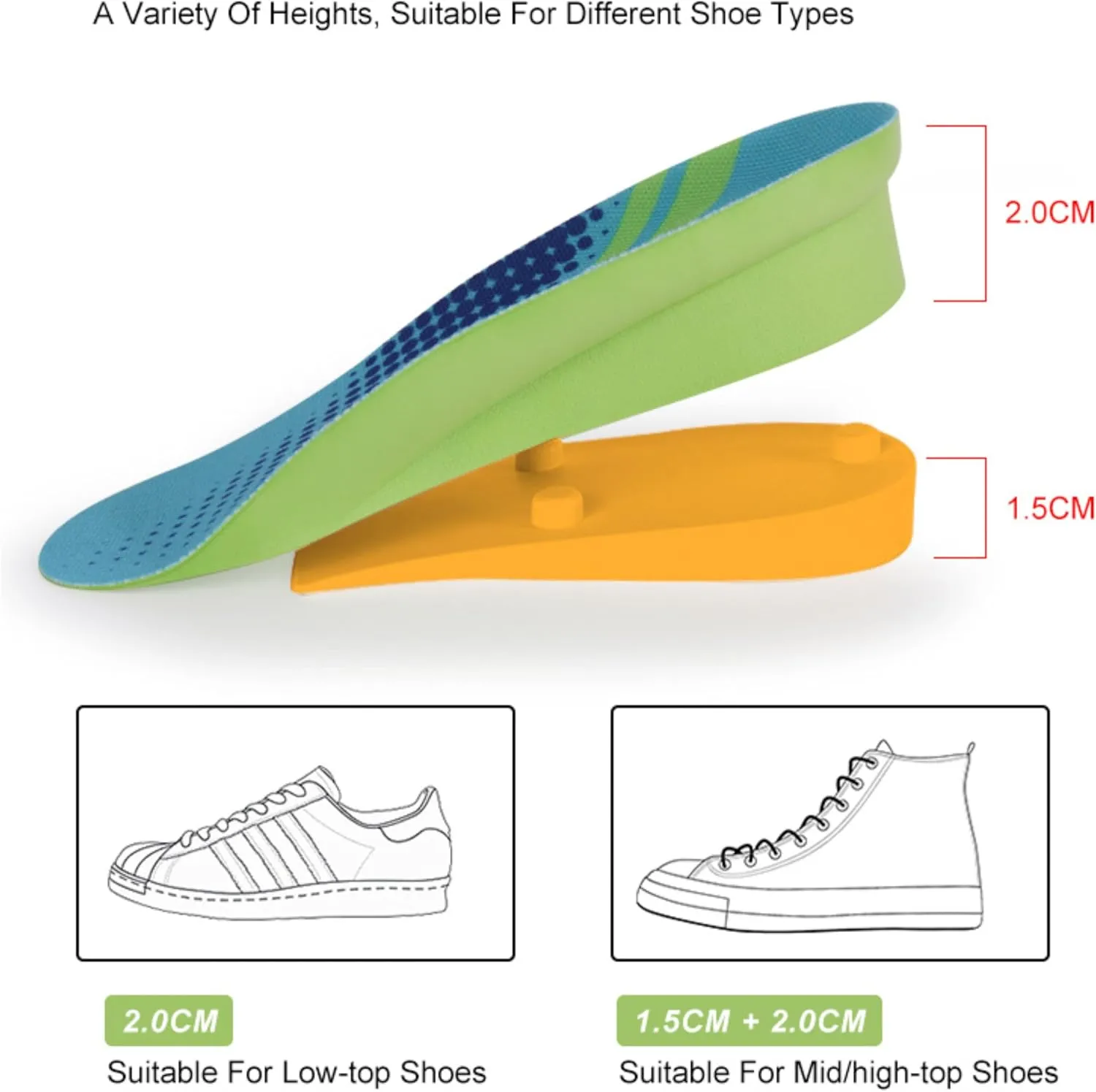 Height Increase Insoles, Cushioned 2 Layer Shoe Insole 4 Inch Height Lift Shoes Insert for Men and Women L (Men 8-10/Women 10.5-12.5)