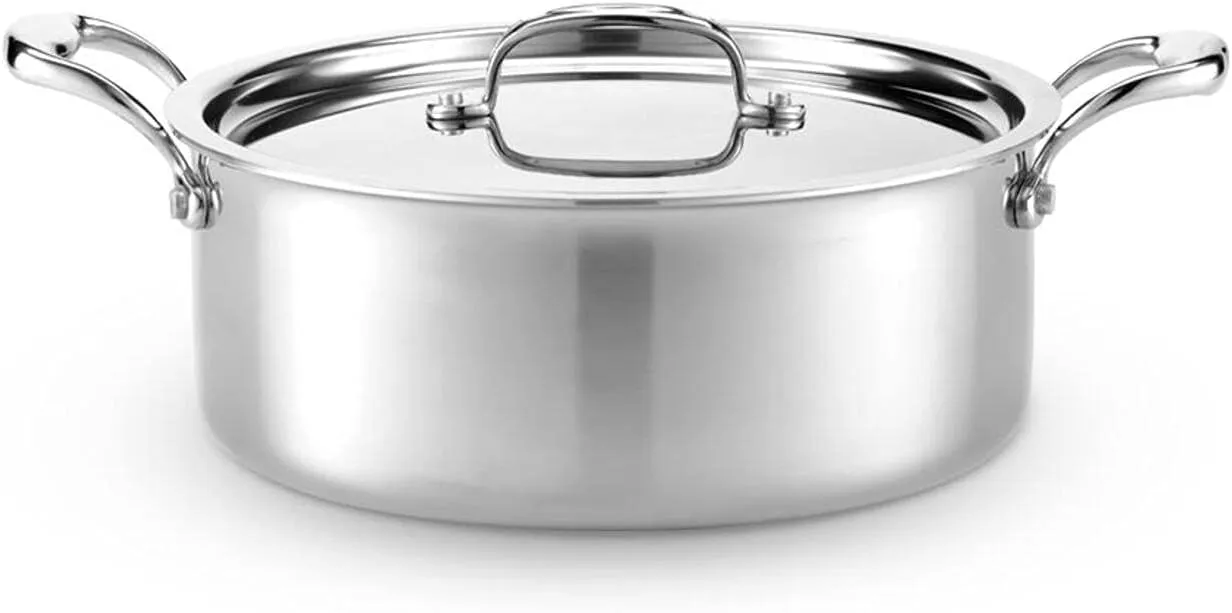 Heritage Steel 6 Quart Rondeau with Lid - Titanium Strengthened 316Ti Stainless Steel with 5-Ply Construction - Induction-Ready and Fully Clad, Made in USA