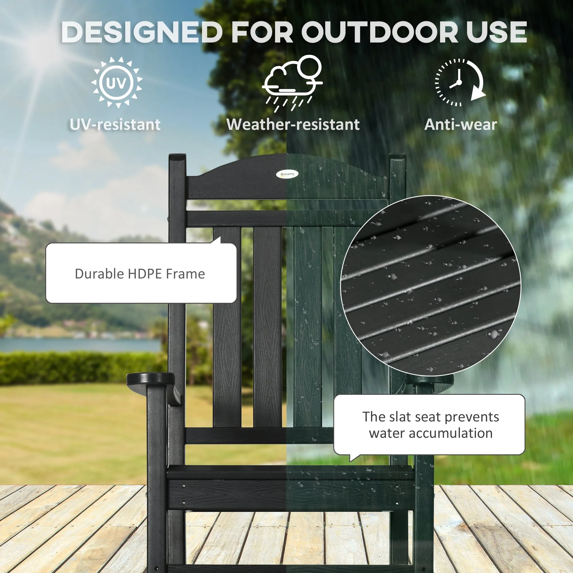 High Back All-Weather HDPE Rocking Chair with Oversized Seat & 350lb Weight Capacity, Black