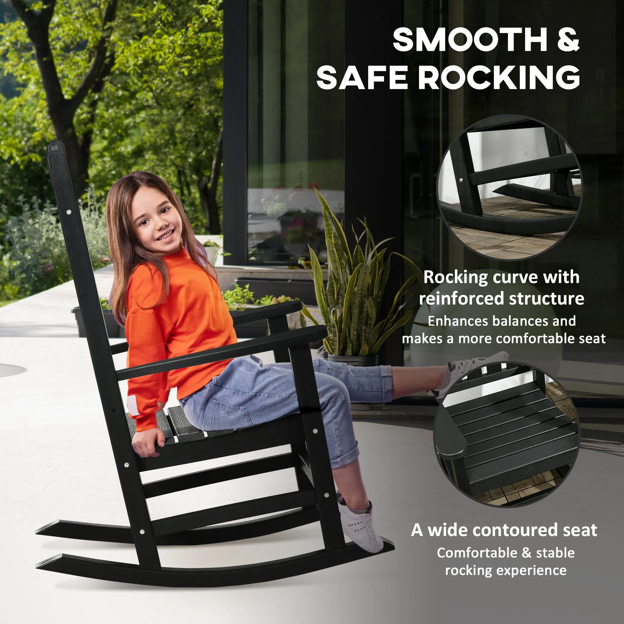 High Back All-Weather HDPE Rocking Chair with Oversized Seat & 350lb Weight Capacity, Black