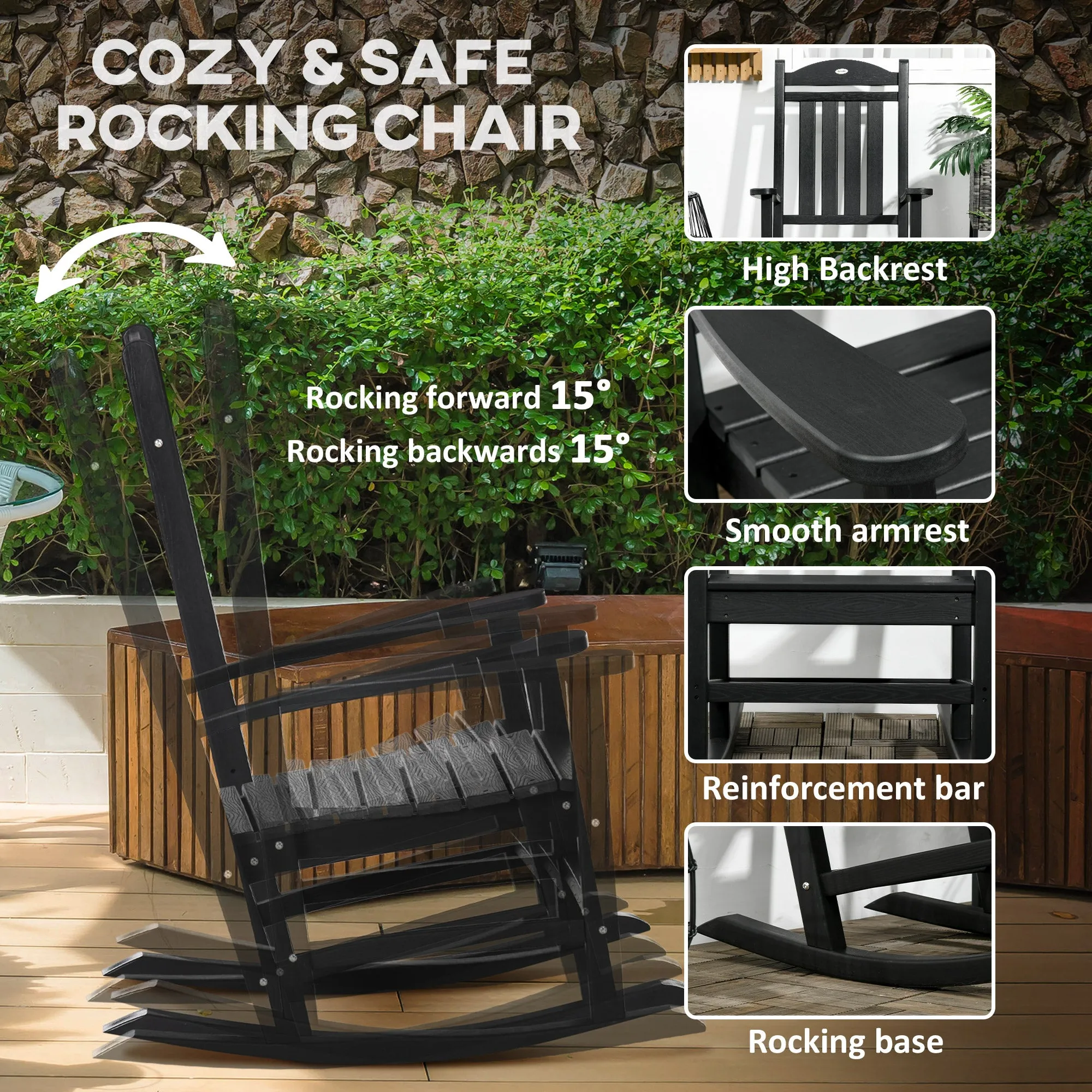 High Back All-Weather HDPE Rocking Chair with Oversized Seat & 350lb Weight Capacity, Black
