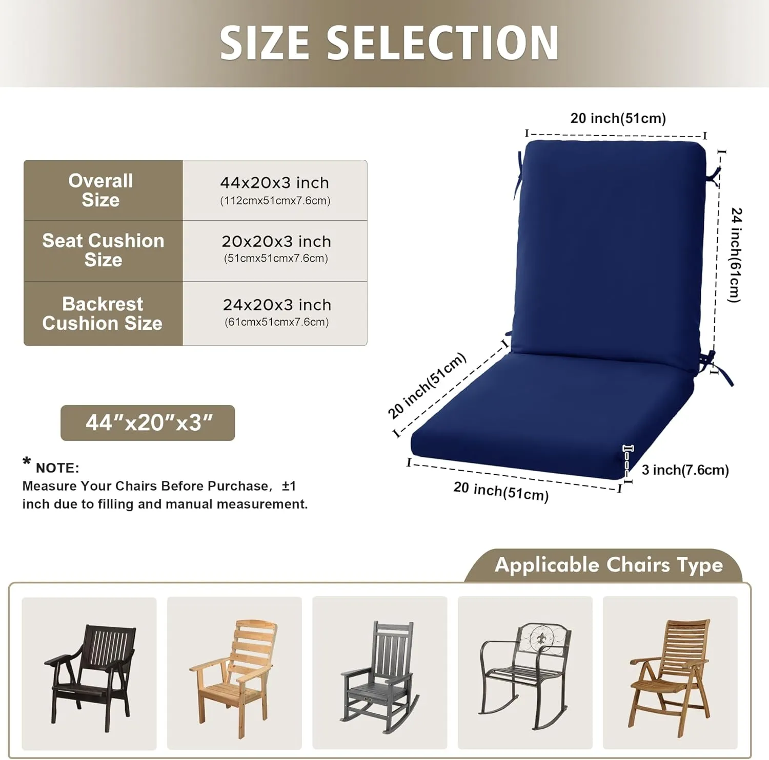 High Back Outdoor Chair Cushions 44''x20'' - Patio Dining Chair Cushions with Waterproof, Fade-Resistant, Removable & Machine-Washable Covers, Navy Blue