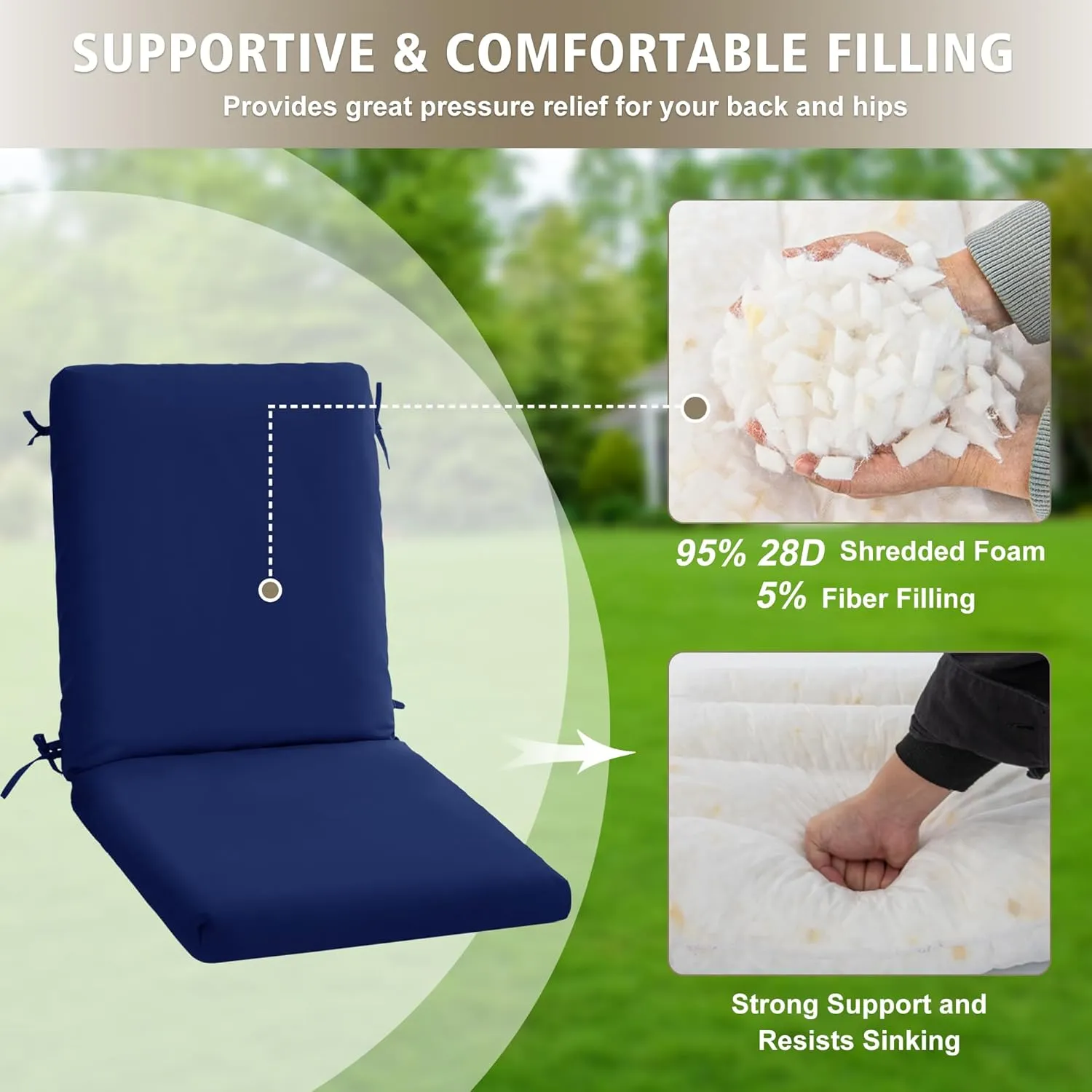 High Back Outdoor Chair Cushions 44''x20'' - Patio Dining Chair Cushions with Waterproof, Fade-Resistant, Removable & Machine-Washable Covers, Navy Blue