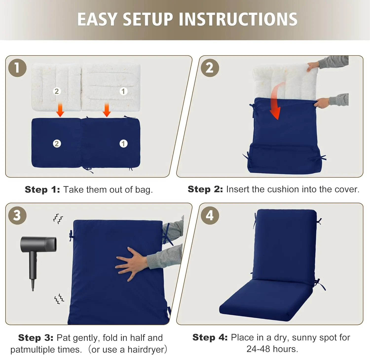 High Back Outdoor Chair Cushions 44''x20'' - Patio Dining Chair Cushions with Waterproof, Fade-Resistant, Removable & Machine-Washable Covers, Navy Blue