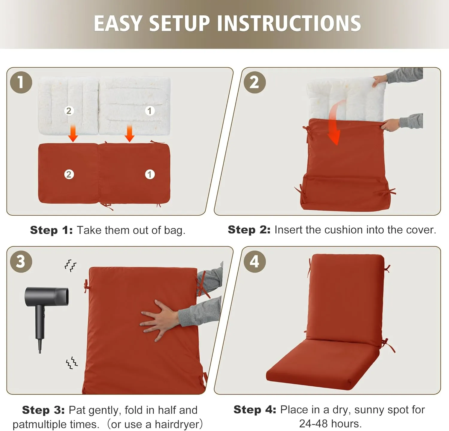 High Back Outdoor Chair Cushions 44''x20'' - Patio Dining Chair Cushions with Waterproof, Fade-Resistant, Removable & Machine-Washable Covers, Rust