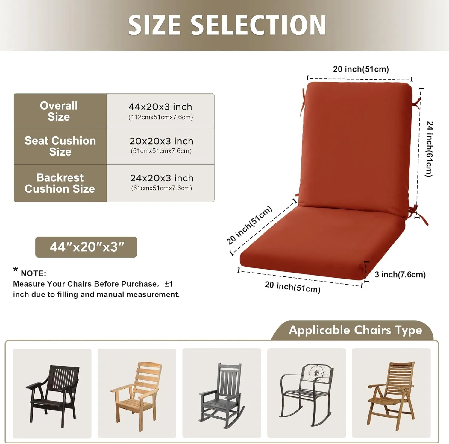 High Back Outdoor Chair Cushions 44''x20'' - Patio Dining Chair Cushions with Waterproof, Fade-Resistant, Removable & Machine-Washable Covers, Rust