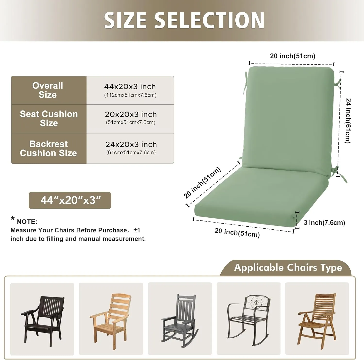 High Back Outdoor Chair Cushions 44''x20'' - Patio Dining Chair Cushions with Waterproof, Fade-Resistant, Removable & Machine-Washable Covers, Sage Green