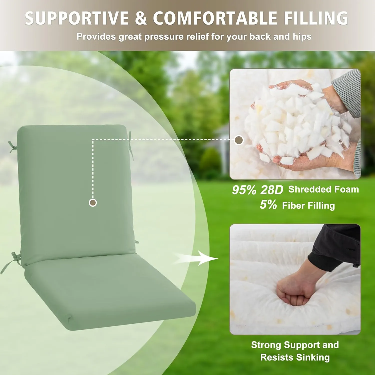 High Back Outdoor Chair Cushions 44''x20'' - Patio Dining Chair Cushions with Waterproof, Fade-Resistant, Removable & Machine-Washable Covers, Sage Green