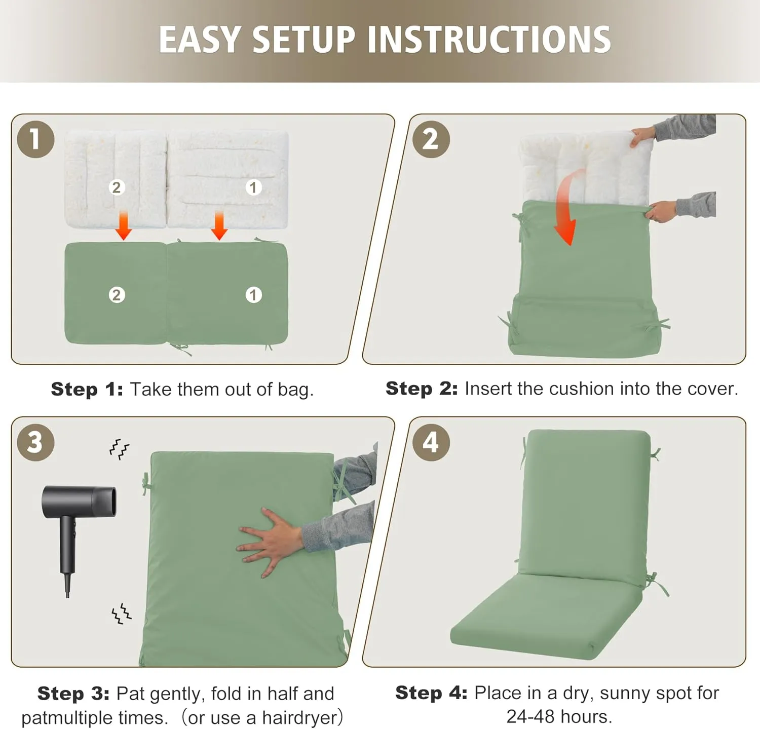 High Back Outdoor Chair Cushions 44''x20'' - Patio Dining Chair Cushions with Waterproof, Fade-Resistant, Removable & Machine-Washable Covers, Sage Green