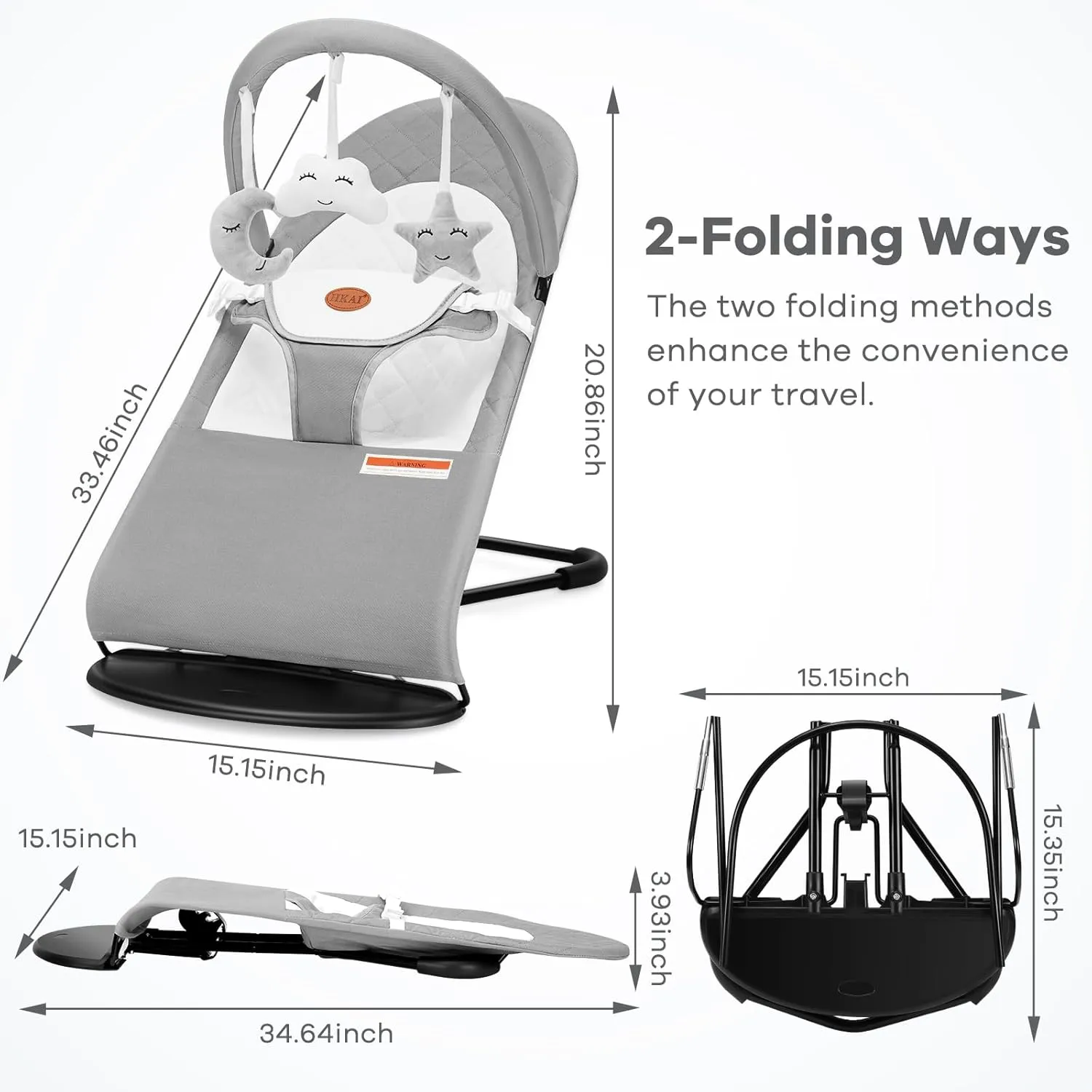 HKAI Baby Bouncer, Portable Baby Bouncer Seat for Babies 0-18 Months, 100% Cotton Fabrics, 3 Modes of use with Rocker and Stationary Options, Infant Rocker Chair with Hanging Toys-Light Grey