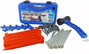HolaKit Tent Stake and Mallet Kit, 33-Piece Heavy-Duty Camping Accessory Set with 17oz Rubber/Steel Mallet, Plastic and Steel Stakes, Groundsheet Stakes, and Peg Box with Cleaning Brush