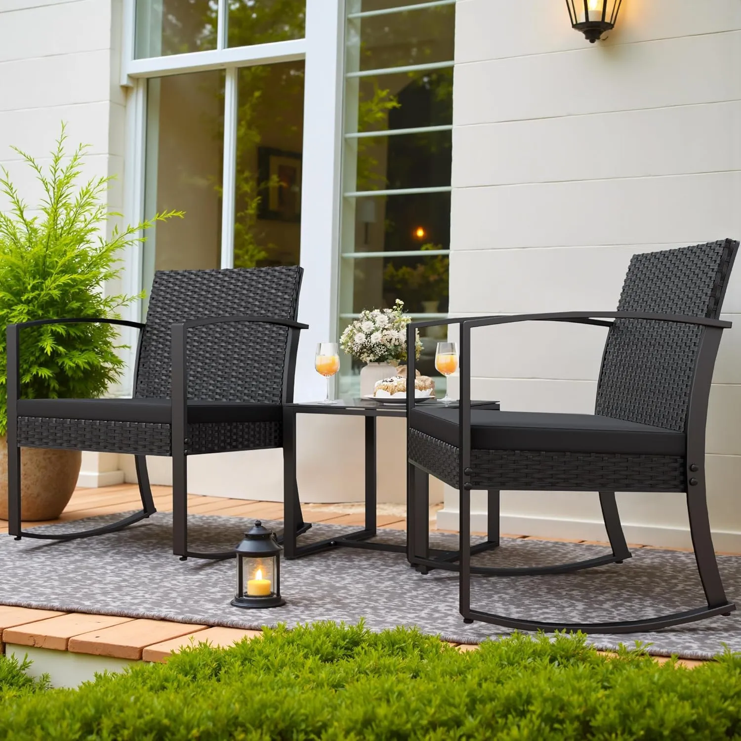 Homall Patio Furniture Set 3 Piece Resin Outdoor Bistro Set Rocking Patio Chairs with Cushions and Table for Porch, Poolside, Balcony and Yard (Black)