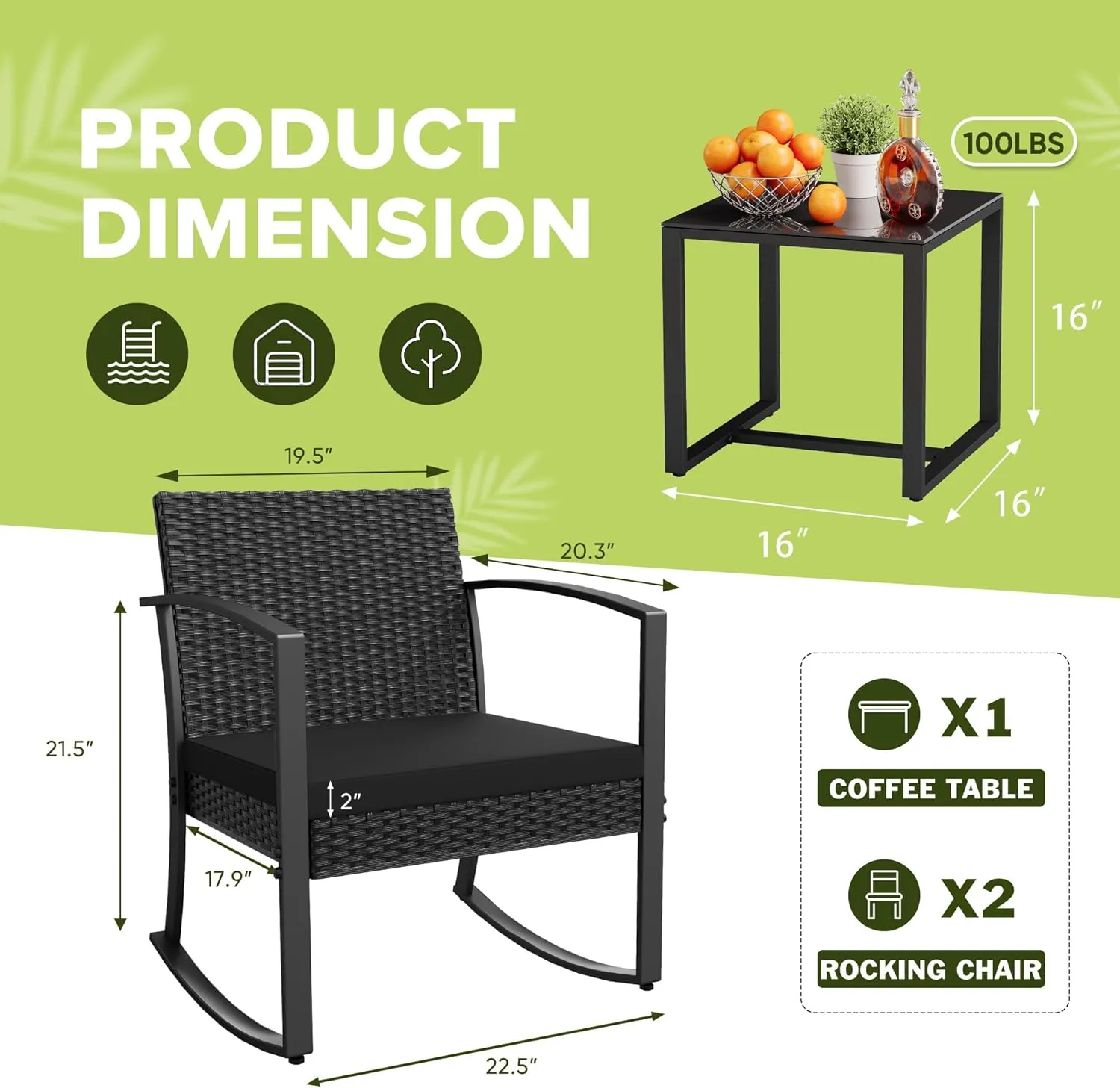 Homall Patio Furniture Set 3 Piece Resin Outdoor Bistro Set Rocking Patio Chairs with Cushions and Table for Porch, Poolside, Balcony and Yard (Black)