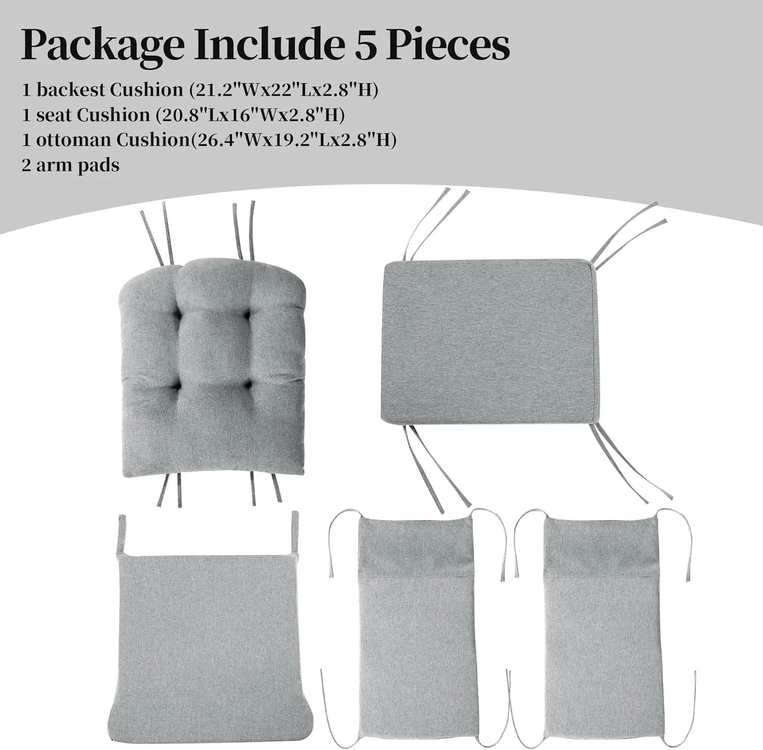 HOMBYS 5 PCS Glider Rocker Replacement Cushions with Storage Side Pocket,Linen-Like Fabric, Foam & Microfiber Filling, Non-Slip & Washable,Thickened & Supportive for Glider Rocking Chair, Grey