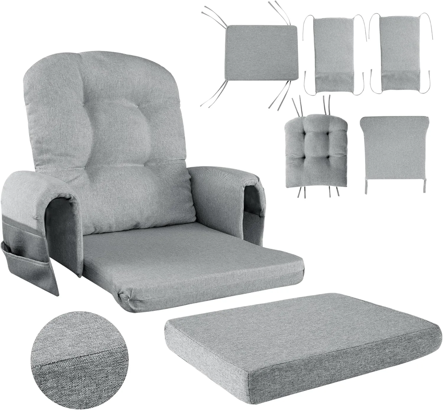 HOMBYS 5 PCS Glider Rocker Replacement Cushions with Storage Side Pocket,Linen-Like Fabric, Foam & Microfiber Filling, Non-Slip & Washable,Thickened & Supportive for Glider Rocking Chair, Grey