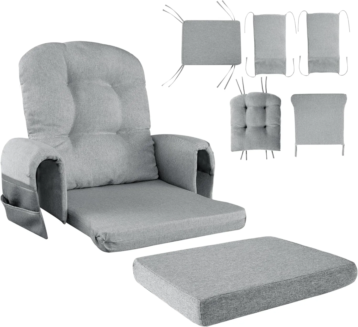 HOMBYS 5 PCS Glider Rocker Replacement Cushions with Storage Side Pocket,Linen-Like Fabric, Foam & Microfiber Filling, Non-Slip & Washable,Thickened & Supportive for Glider Rocking Chair, Grey
