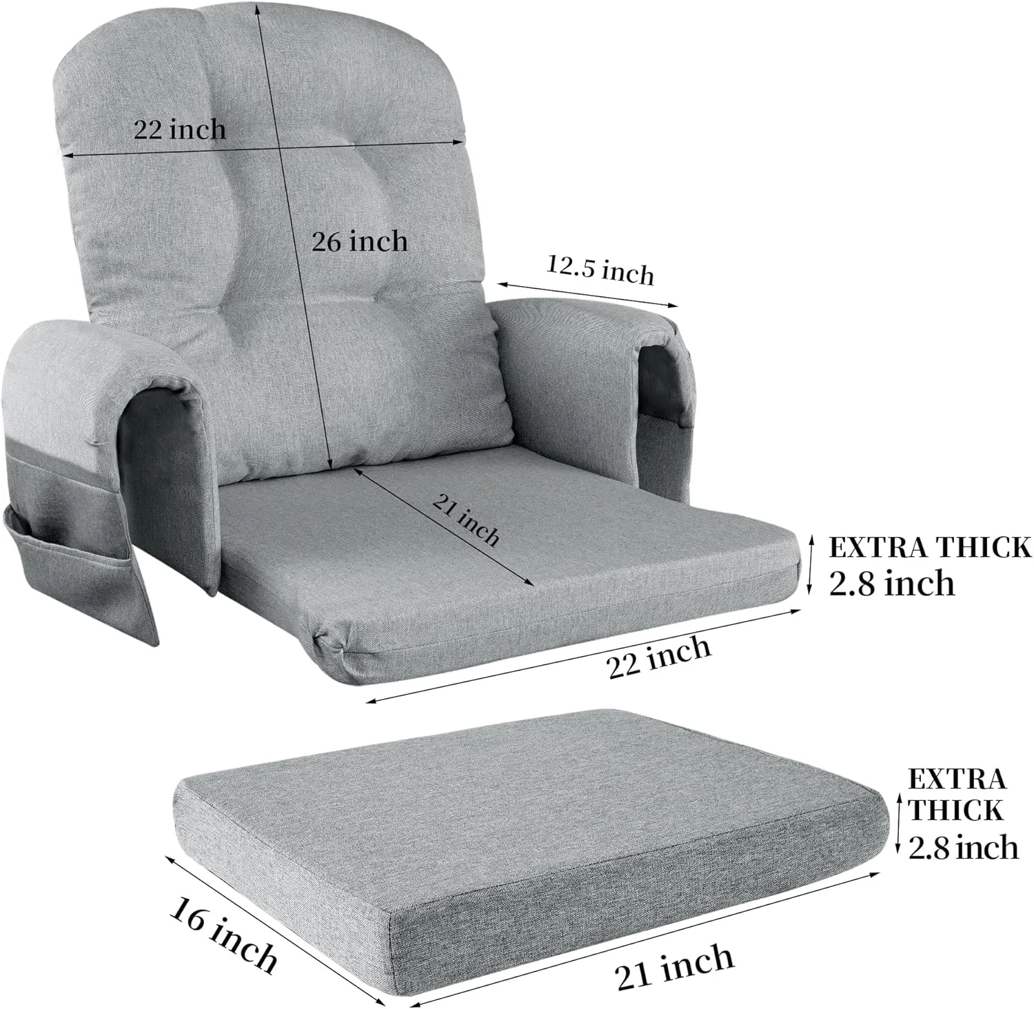 HOMBYS 5 PCS Glider Rocker Replacement Cushions with Storage Side Pocket,Linen-Like Fabric, Foam & Microfiber Filling, Non-Slip & Washable,Thickened & Supportive for Glider Rocking Chair, Grey