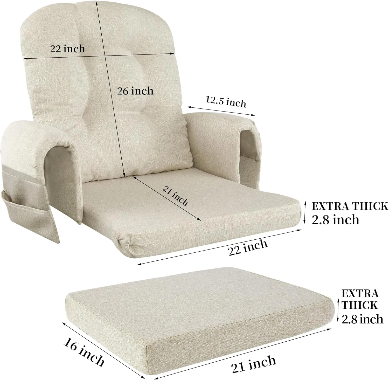 HOMBYS 5 PCS Glider Rocker Replacement Cushions with Storage Side Pocket,Linen-Like Fabric, Foam & Microfiber Filling, Non-Slip & Washable,Thickened & Supportive for Glider Rocking Chair, Khaki