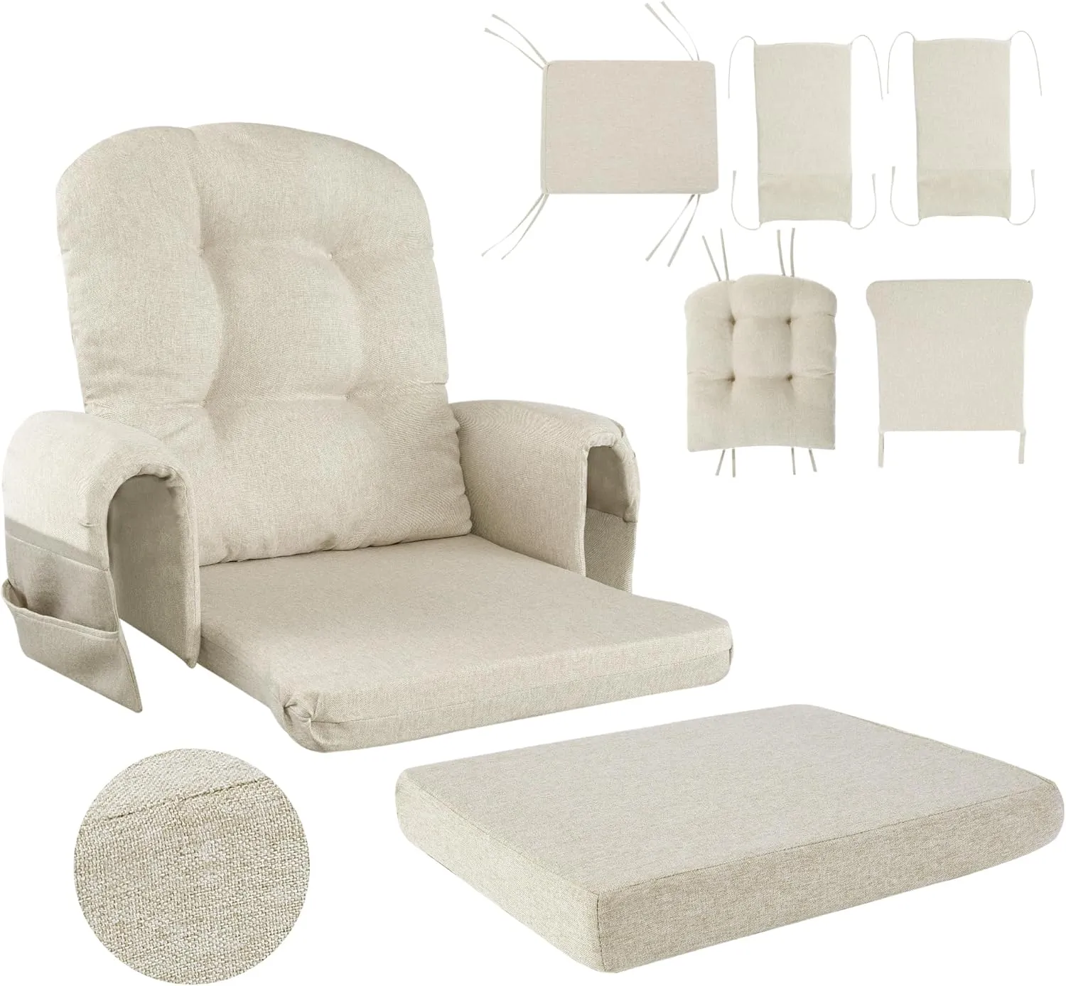 HOMBYS 5 PCS Glider Rocker Replacement Cushions with Storage Side Pocket,Linen-Like Fabric, Foam & Microfiber Filling, Non-Slip & Washable,Thickened & Supportive for Glider Rocking Chair, Khaki