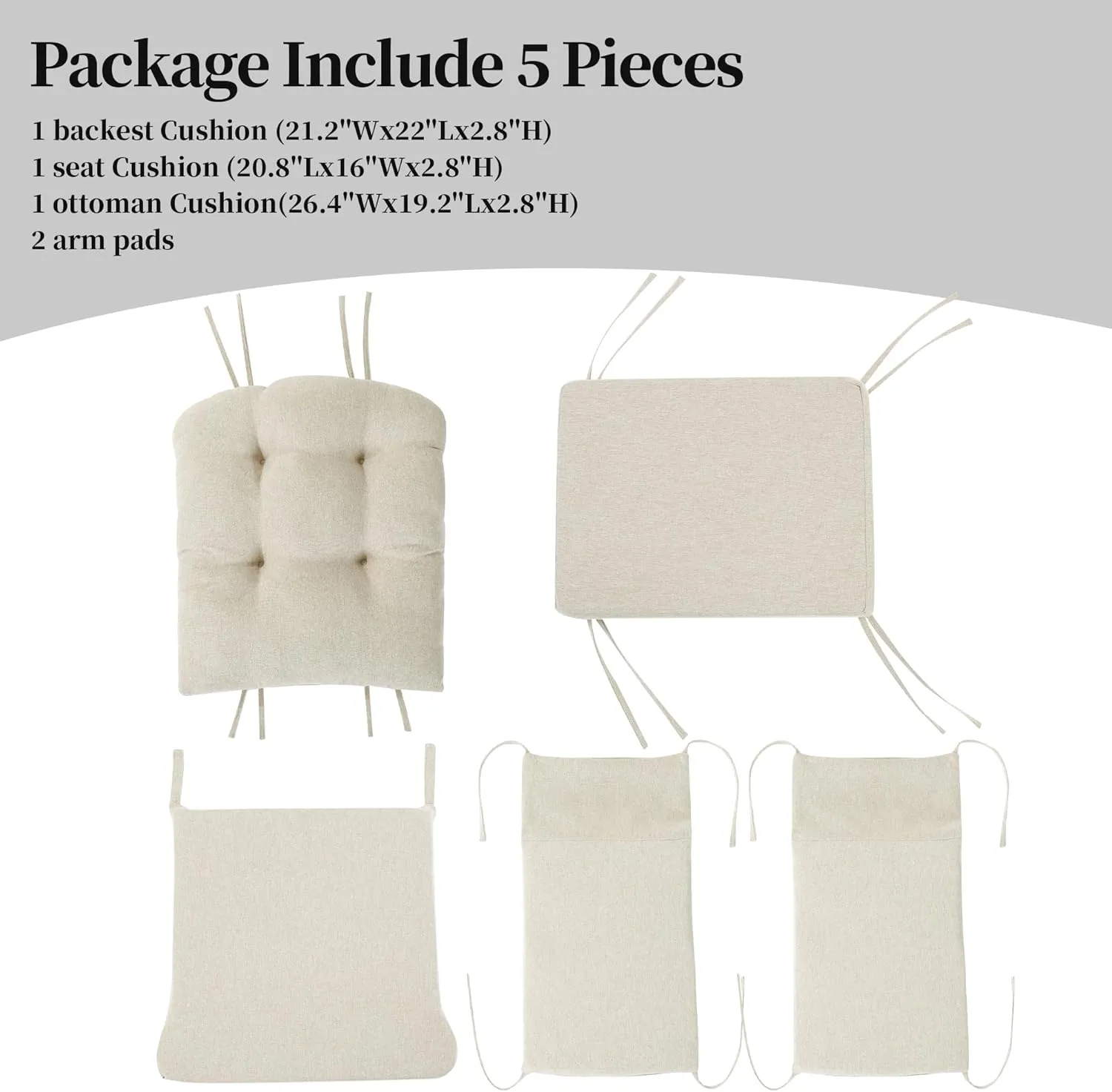 HOMBYS 5 PCS Glider Rocker Replacement Cushions with Storage Side Pocket,Linen-Like Fabric, Foam & Microfiber Filling, Non-Slip & Washable,Thickened & Supportive for Glider Rocking Chair, Khaki