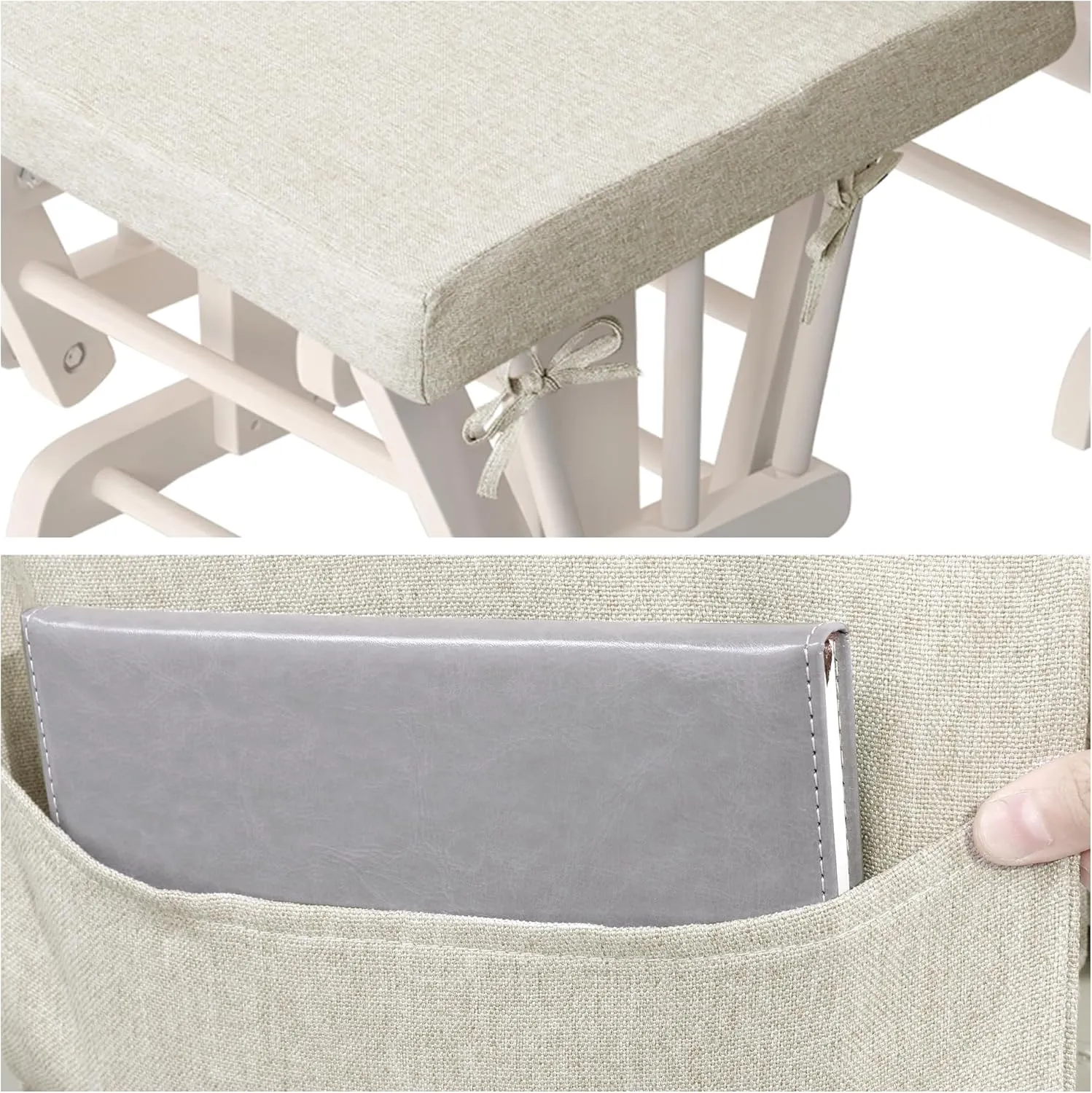 HOMBYS 5 PCS Glider Rocker Replacement Cushions with Storage Side Pocket,Linen-Like Fabric, Foam & Microfiber Filling, Non-Slip & Washable,Thickened & Supportive for Glider Rocking Chair, Khaki