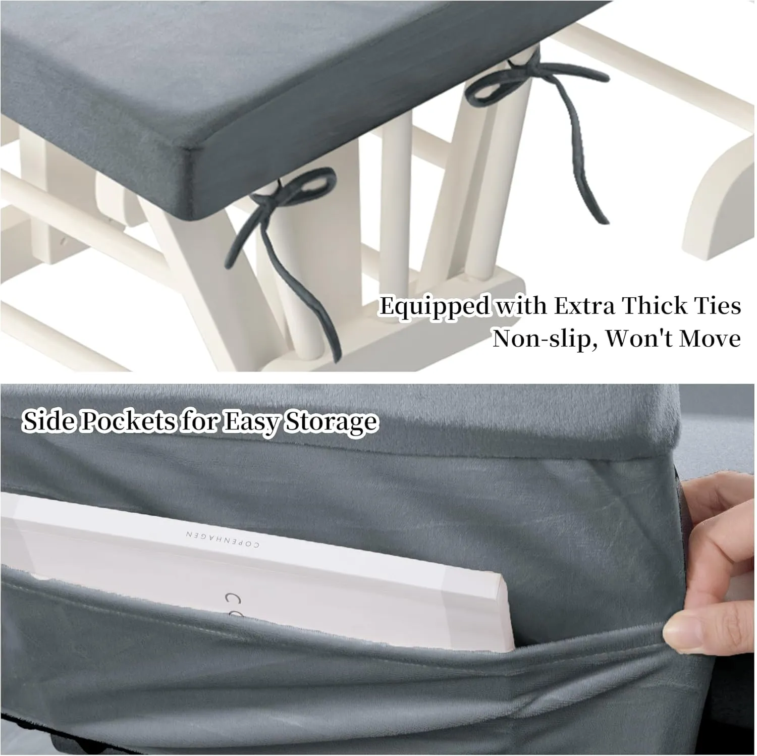 HOMBYS Glider Rocker Replacement Cushions 5 PCS with Storage Side Pocket, Velvet Fabric, Foam & Microfiber Filling, Non-Slip & Washable,Thickened & Supportive, Designed for Glider Rocking Chair
