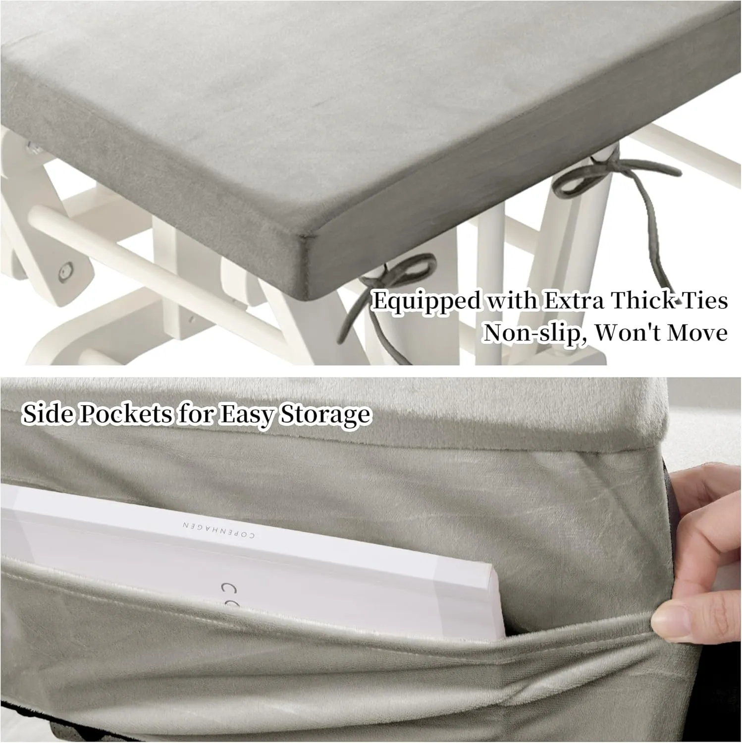 HOMBYS Glider Rocker Replacement Cushions 5 PCS with Storage Side Pocket, Velvet Fabric, Foam & Microfiber Filling, Non-Slip & Washable,Thickened & Supportive for Glider Rocking Chair-Khaki