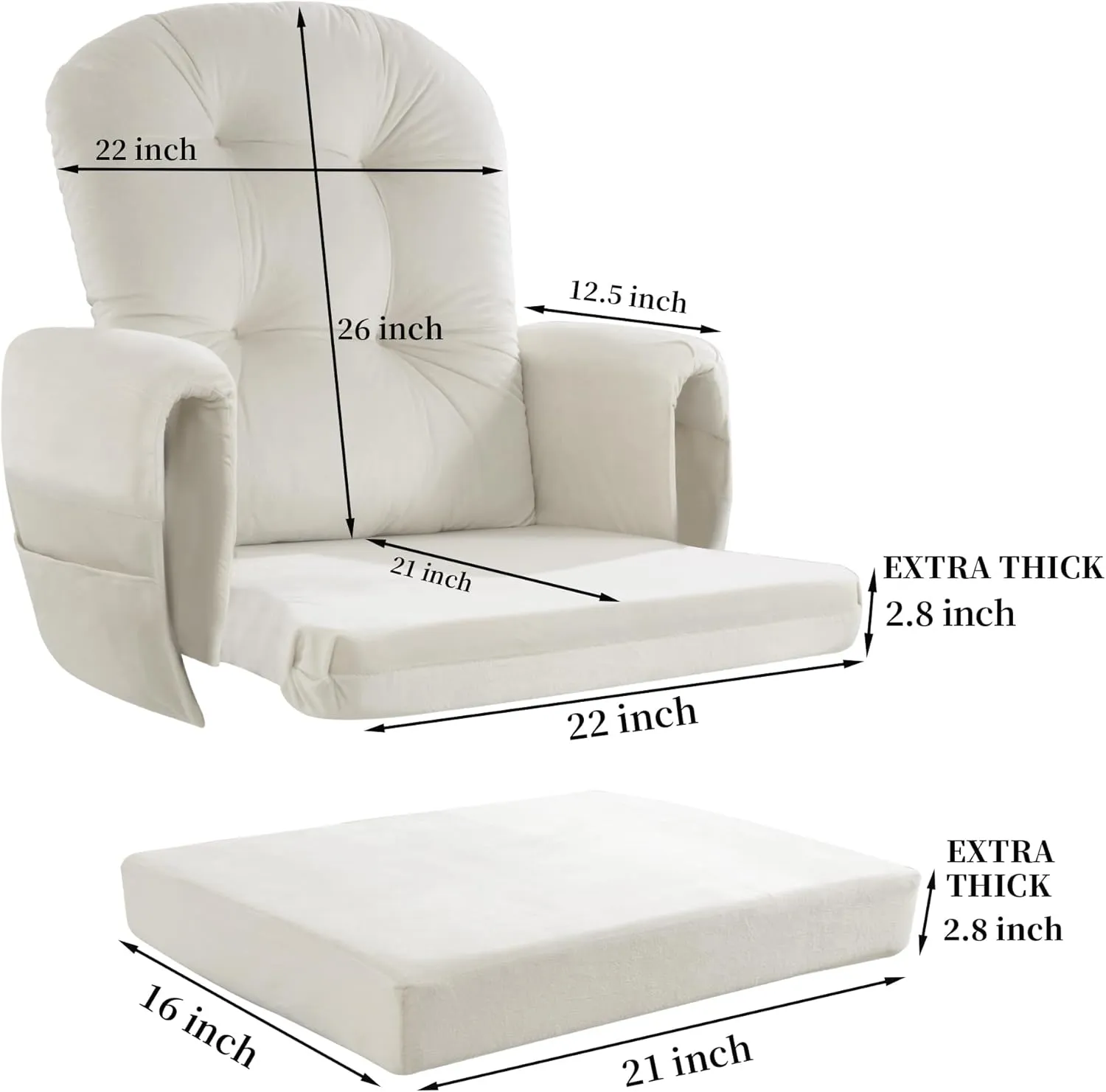 HOMBYS Glider Rocker Replacement Cushions 5 PCS with Storage Side Pocket, Velvet Fabric, Foam & Microfiber Filling, Non-Slip & Washable,Thickened & Supportive for Glider Rocking Chair