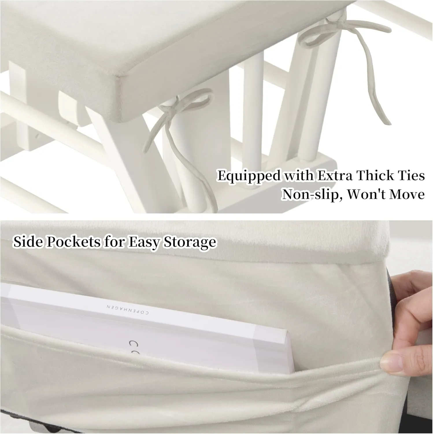 HOMBYS Glider Rocker Replacement Cushions 5 PCS with Storage Side Pocket, Velvet Fabric, Foam & Microfiber Filling, Non-Slip & Washable,Thickened & Supportive for Glider Rocking Chair