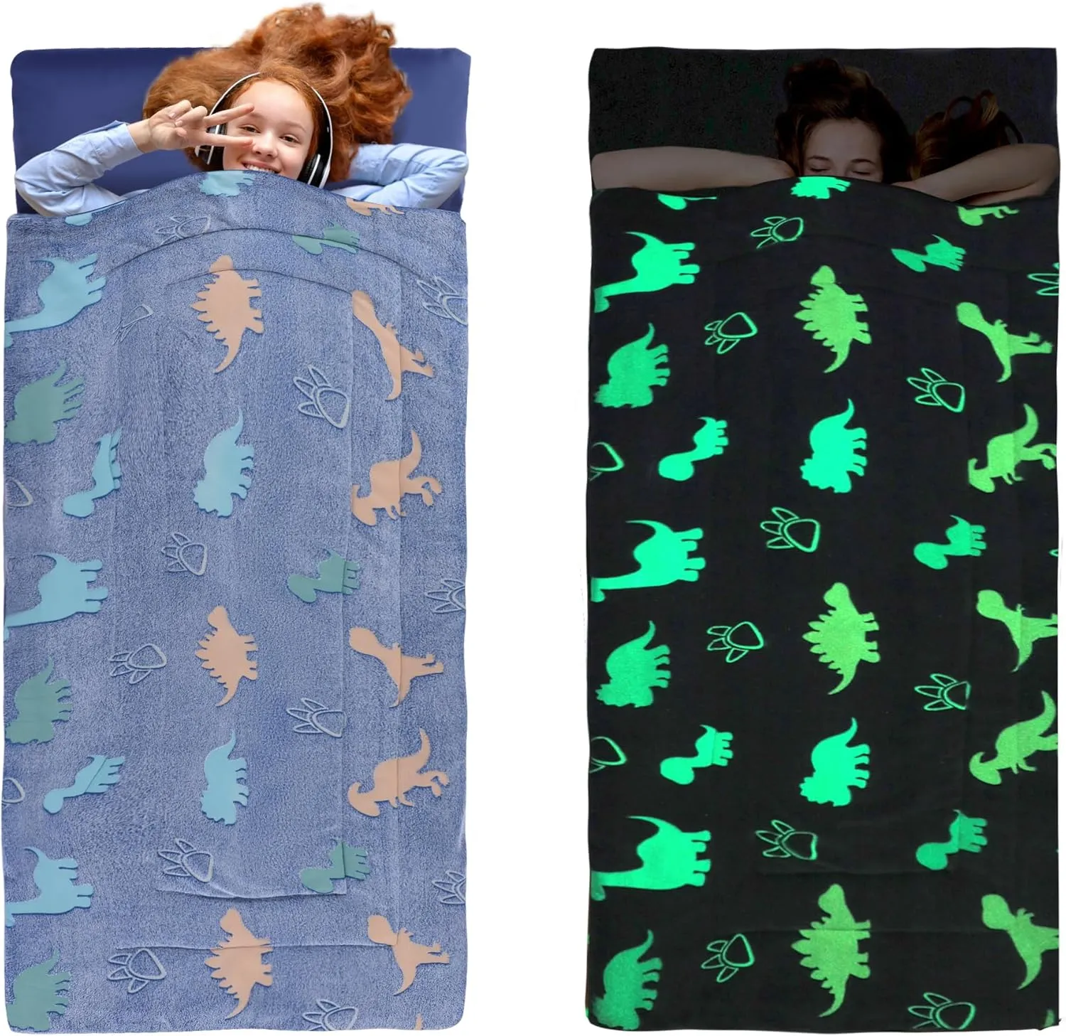 HOMBYS Glow in The Dark Sleeping Bags for 10~12 Years Old Kids, Soft Kids Nap Mat with Pillow and Blanket for Daycare School, Travel Sleep Bag for Childern Girls Boys Truck Travel Camping