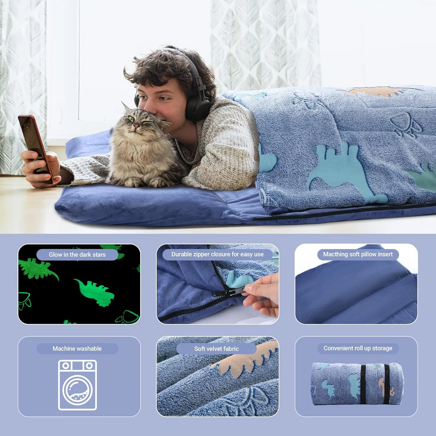 HOMBYS Glow in The Dark Sleeping Bags for 10~12 Years Old Kids, Soft Kids Nap Mat with Pillow and Blanket for Daycare School, Travel Sleep Bag for Childern Girls Boys Truck Travel Camping