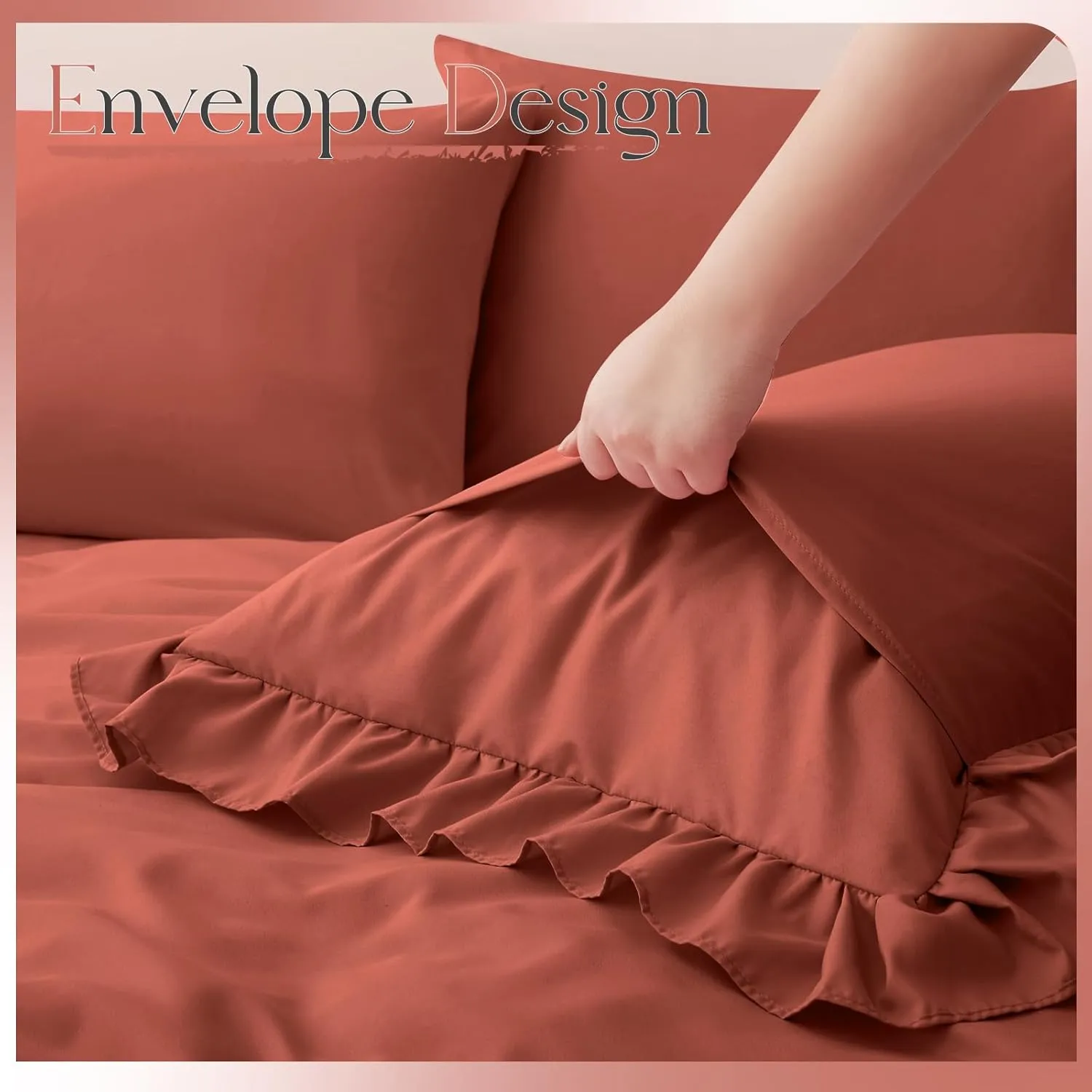 Horbaunal Terracotta Ruffle Sheets Full Size 6 Piece, Fits 16" Deep Mattress, Microfiber Rust Full Sheets with 2 Ruffled Pillowcases, Shabby Chic Bed Sheet Set