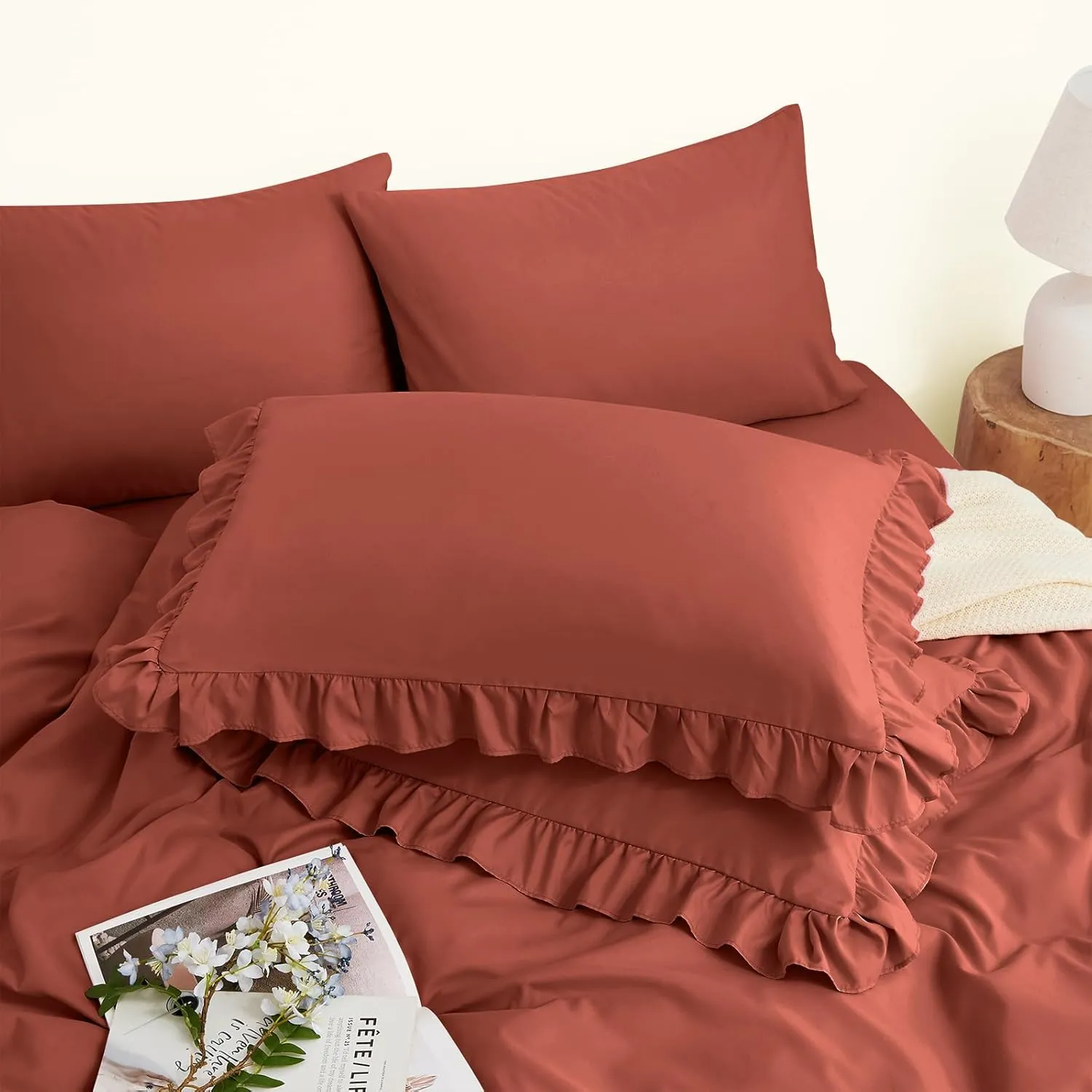 Horbaunal Terracotta Ruffle Sheets Full Size 6 Piece, Fits 16" Deep Mattress, Microfiber Rust Full Sheets with 2 Ruffled Pillowcases, Shabby Chic Bed Sheet Set