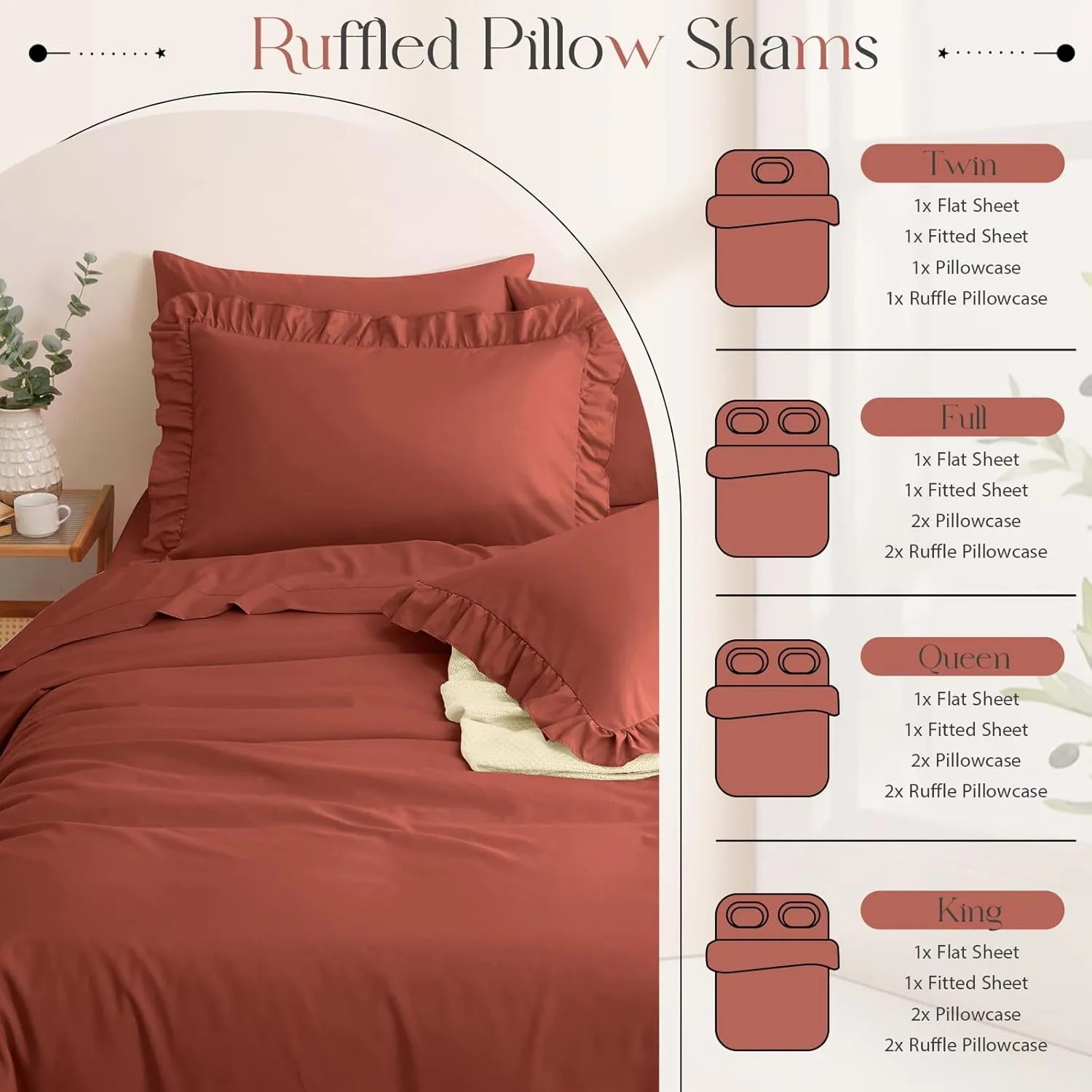 Horbaunal Terracotta Ruffle Sheets Full Size 6 Piece, Fits 16" Deep Mattress, Microfiber Rust Full Sheets with 2 Ruffled Pillowcases, Shabby Chic Bed Sheet Set