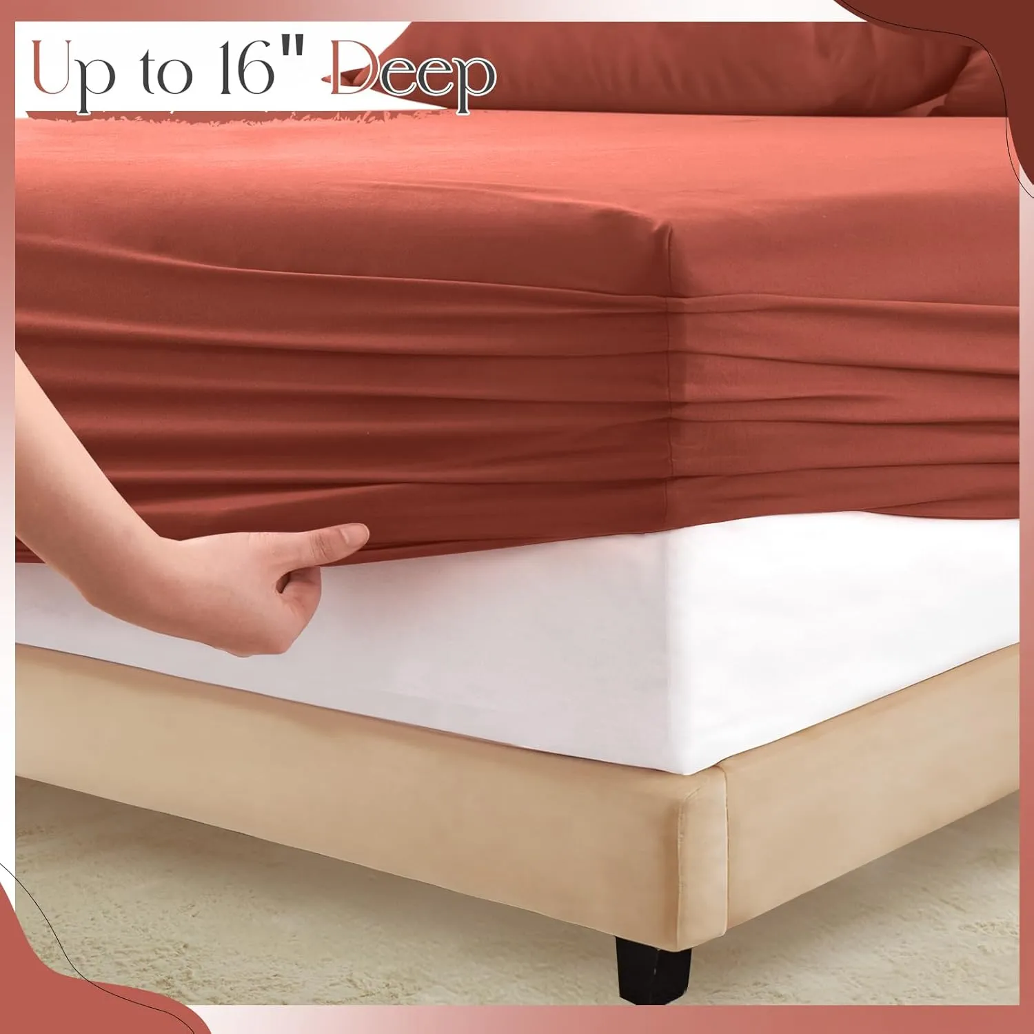 Horbaunal Terracotta Ruffle Sheets Full Size 6 Piece, Fits 16" Deep Mattress, Microfiber Rust Full Sheets with 2 Ruffled Pillowcases, Shabby Chic Bed Sheet Set