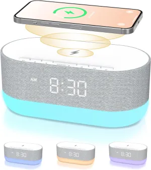 HOUSBAY 3 in 1 Sound Machine Alarm Clock& Wireless Charger：Soothing White Noise, Bluetooth Music Relaxation & Customized Sleep-Wake Routine