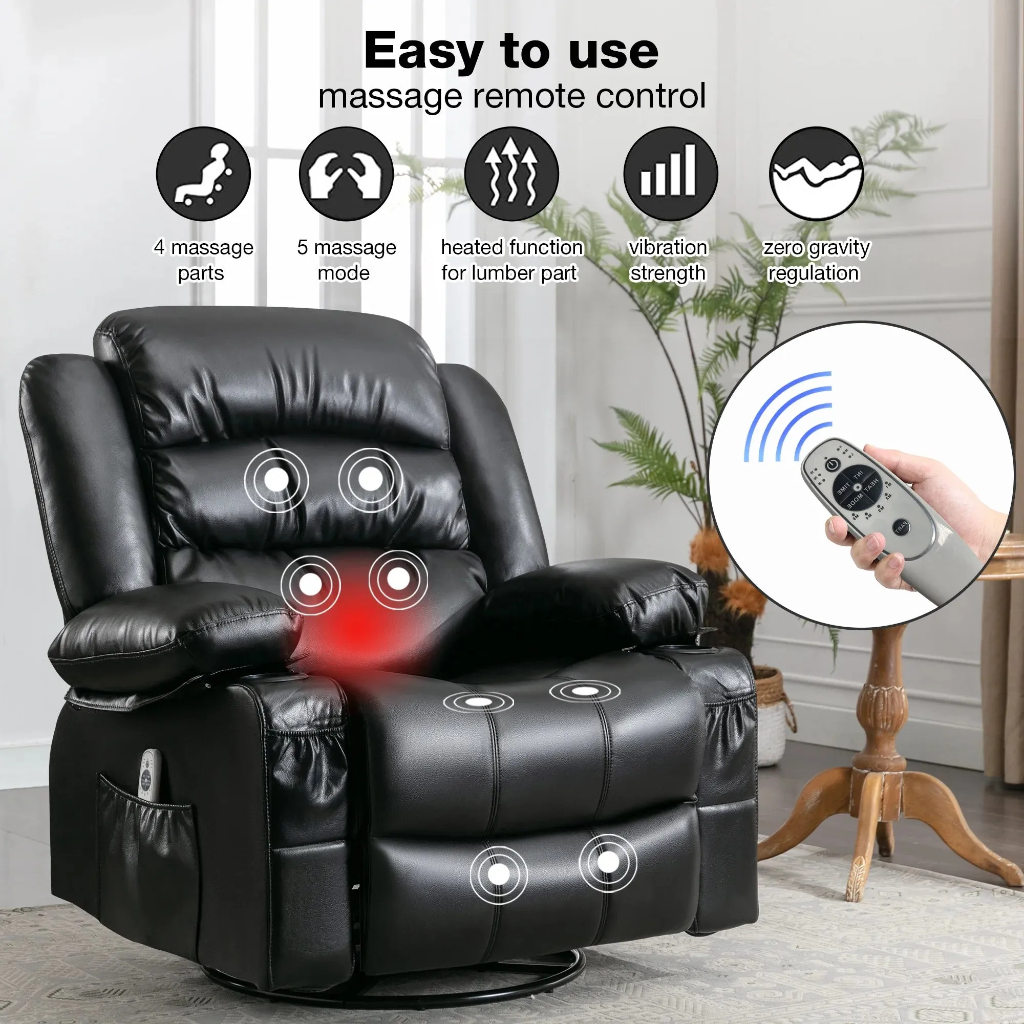 HSUNNS Swivel Rocker Recliner Chair with Heat and Vibration Massage, PU Leather Elderly Reclining Sofa with Cup Holders and Side Pockets, USB Charge Port for Living Room, Home Theater, Brown