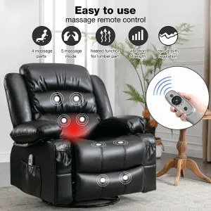 HSUNNS Swivel Rocker Recliner Chair with Heat and Vibration Massage, PU Leather Elderly Reclining Sofa with Cup Holders and Side Pockets, USB Charge Port for Living Room, Home Theater, Brown
